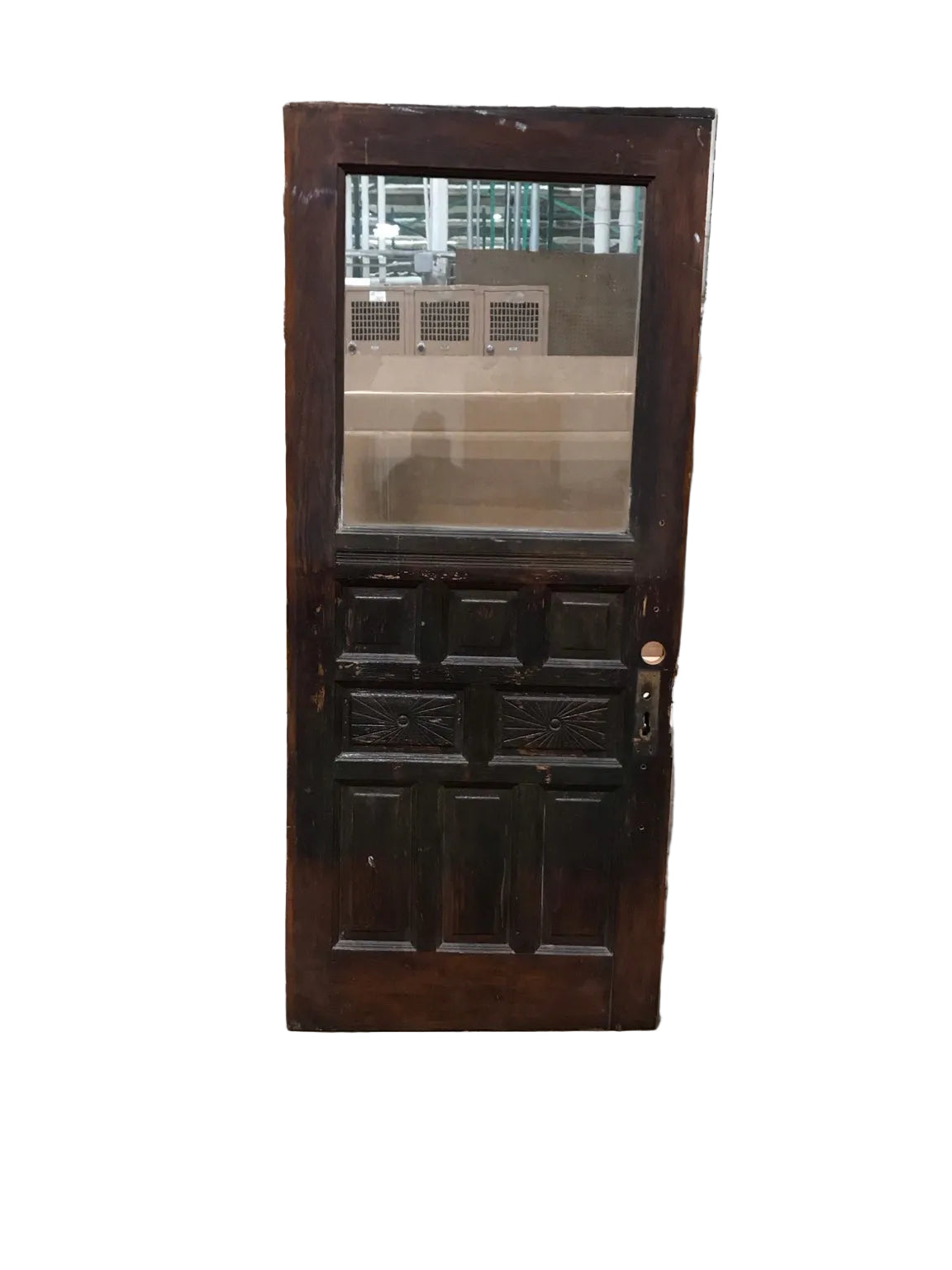 Antique Glazed Entry Door with Carved Panels