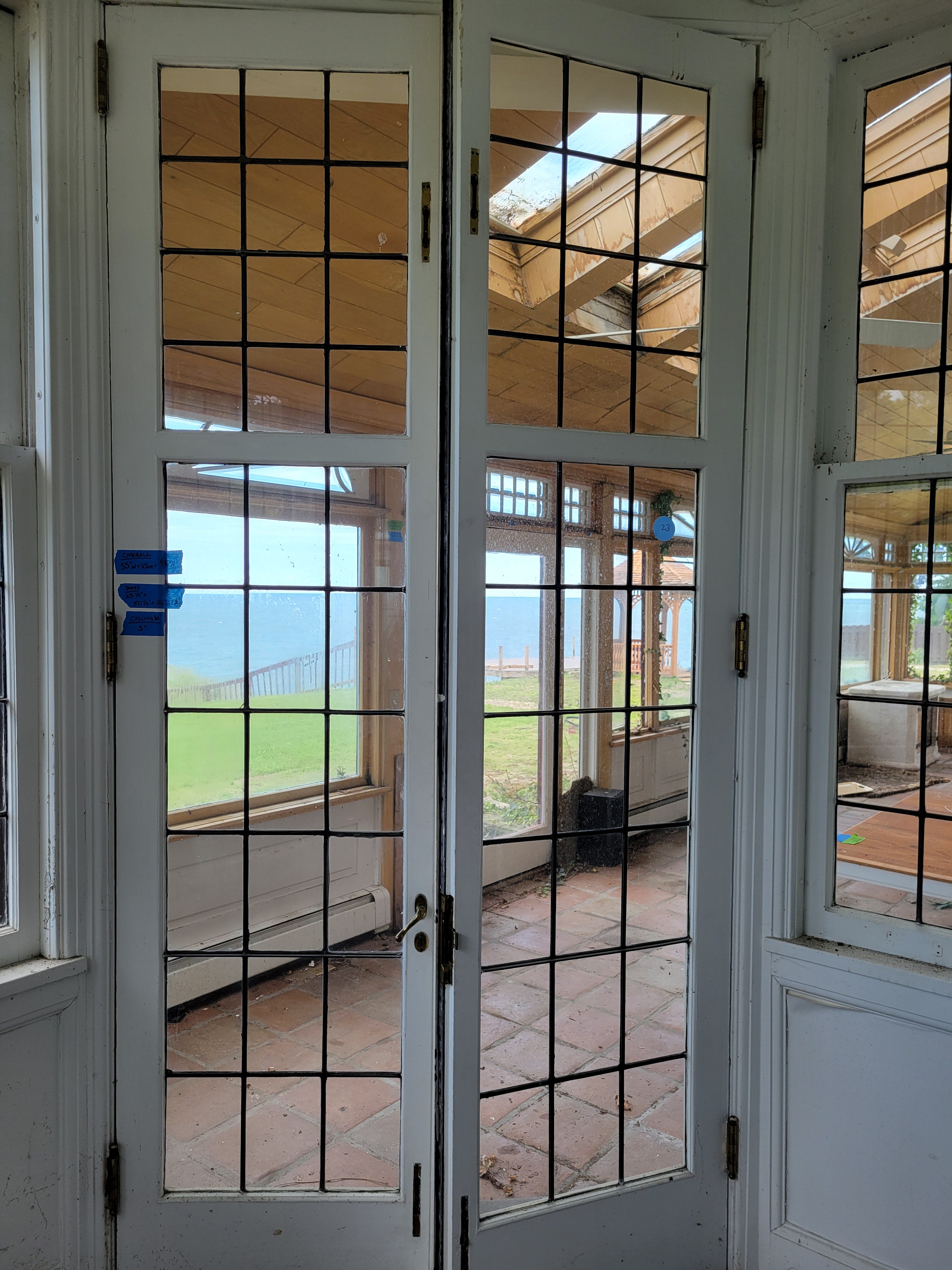 #23 Antique Leaded Glass French Doors with Brass Hardware<