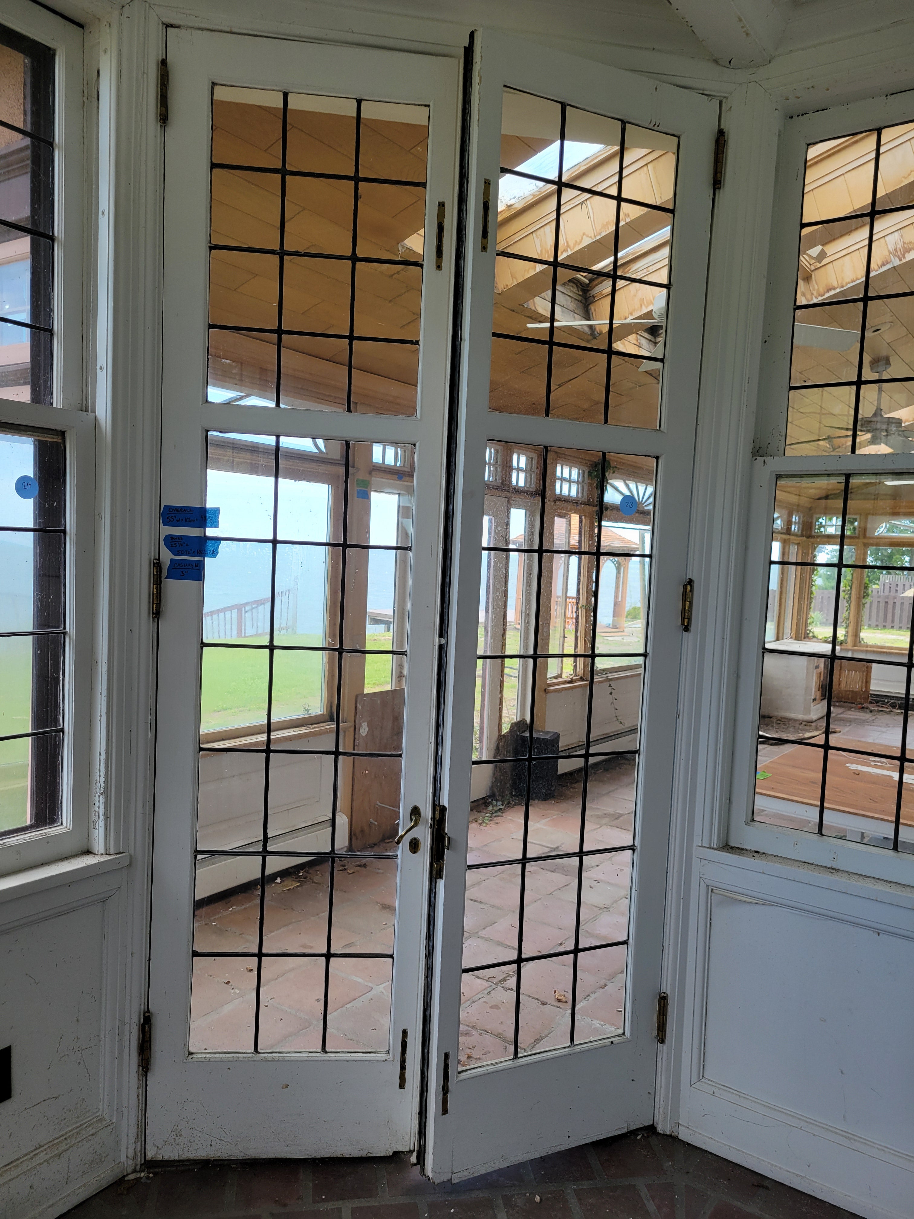#23 Antique Leaded Glass French Doors with Brass Hardware<