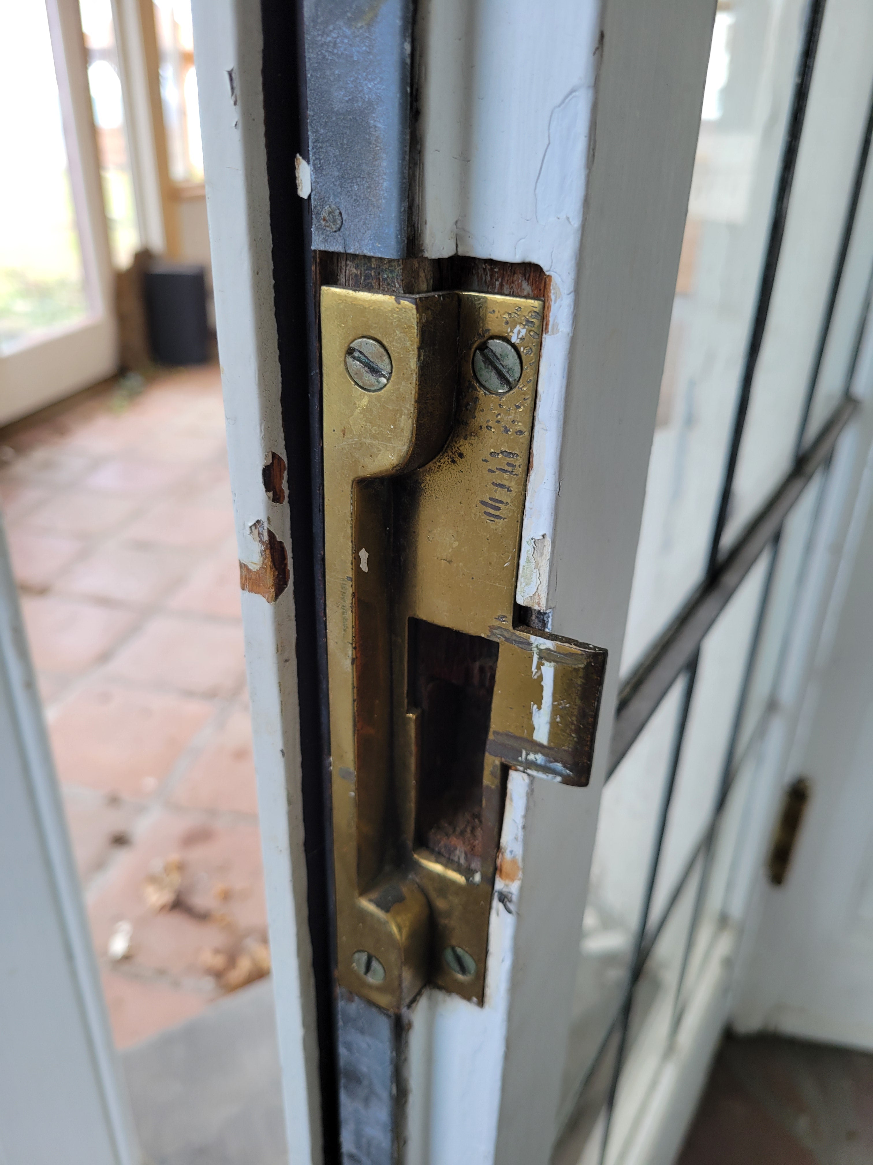 #23 Antique Leaded Glass French Doors with Brass Hardware<