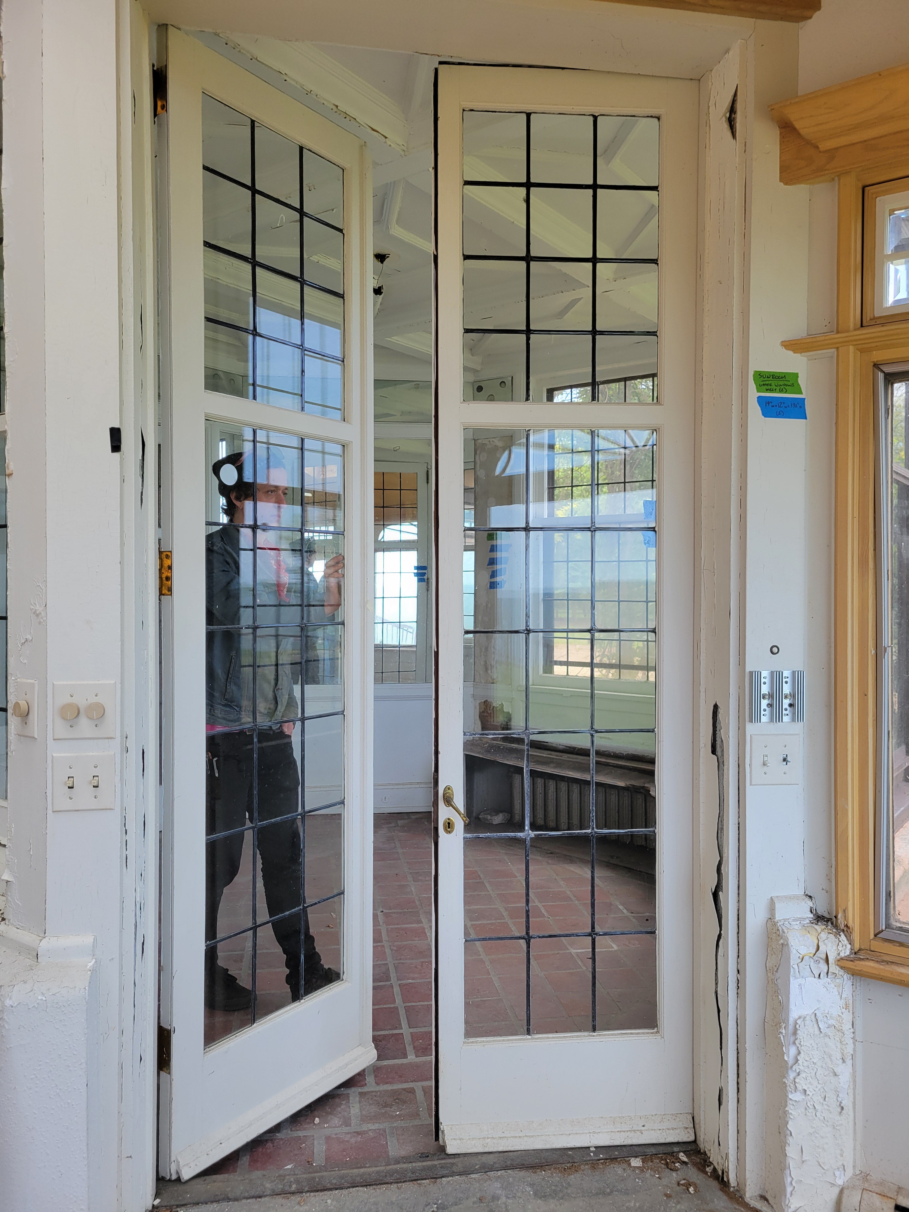 #23 Antique Leaded Glass French Doors with Brass Hardware<