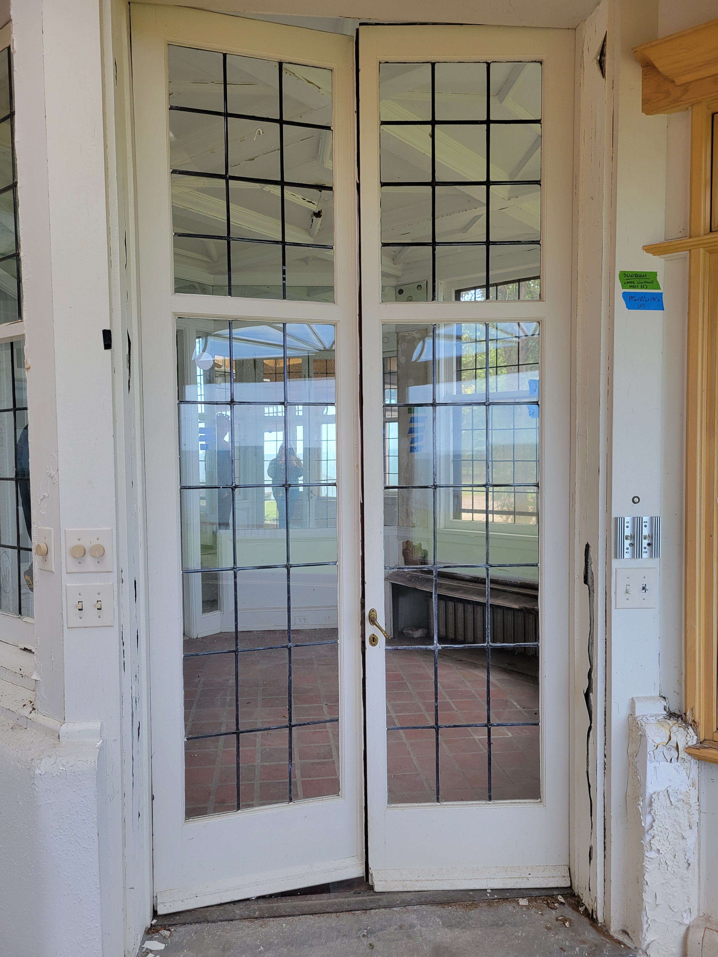 #23 Antique Leaded Glass French Doors with Brass Hardware<