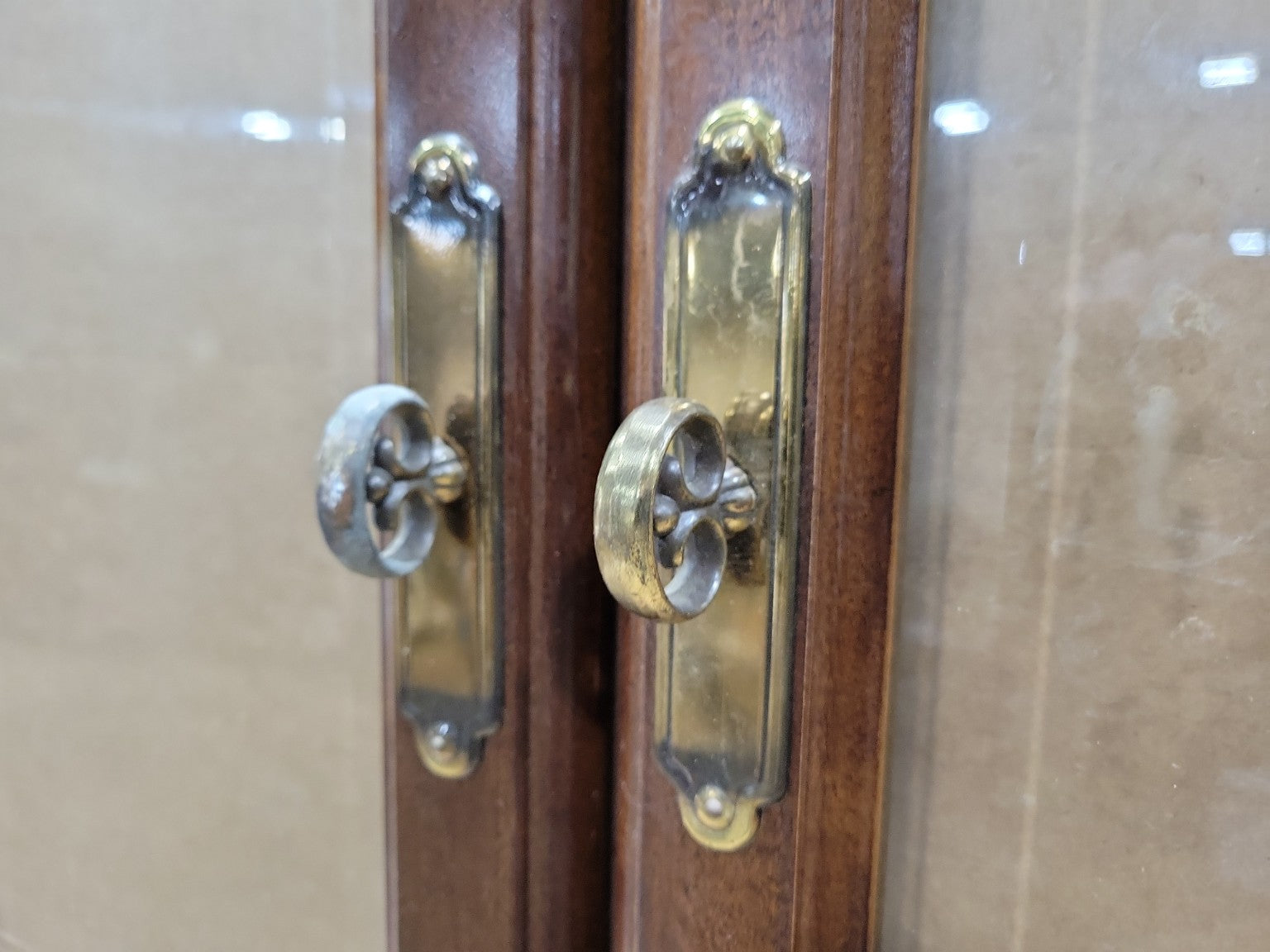 Vintage Glass Cabinet Doors with Brass Pulls – Pair