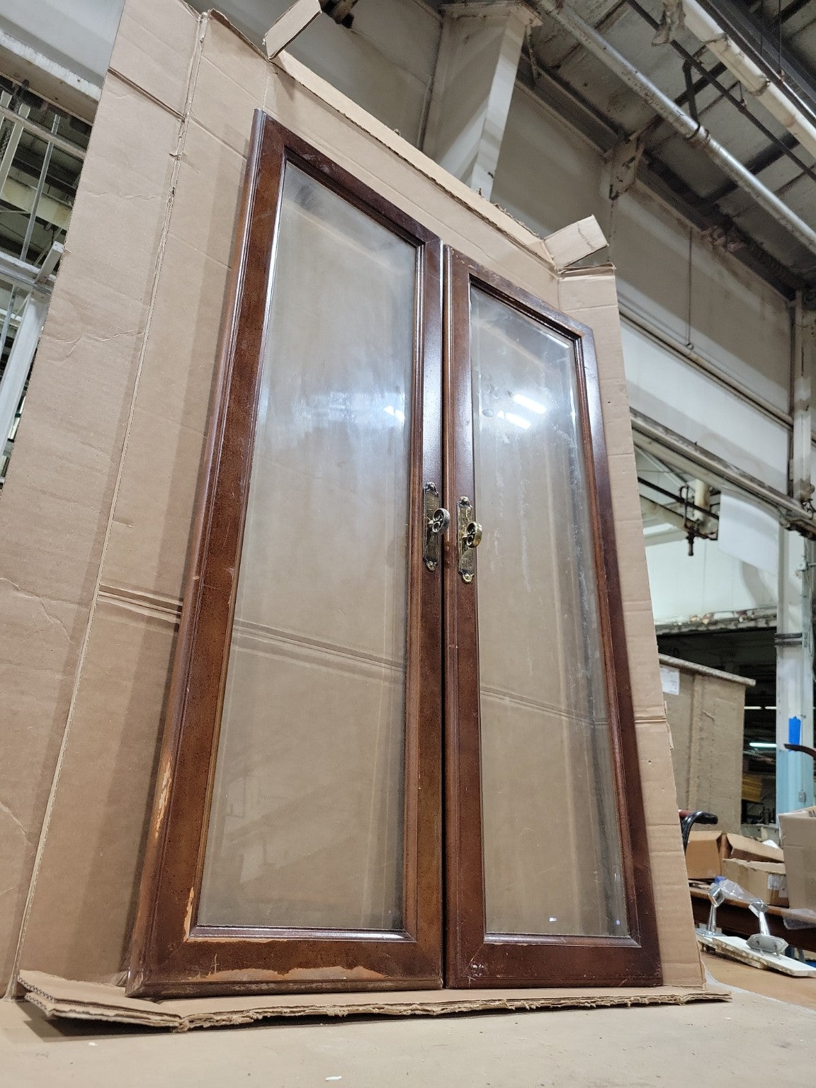 Vintage Glass Cabinet Doors with Brass Pulls – Pair