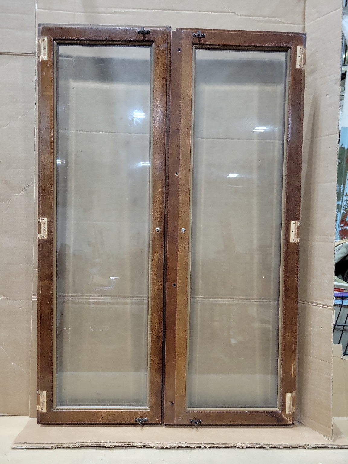 Vintage Glass Cabinet Doors with Brass Pulls – Pair