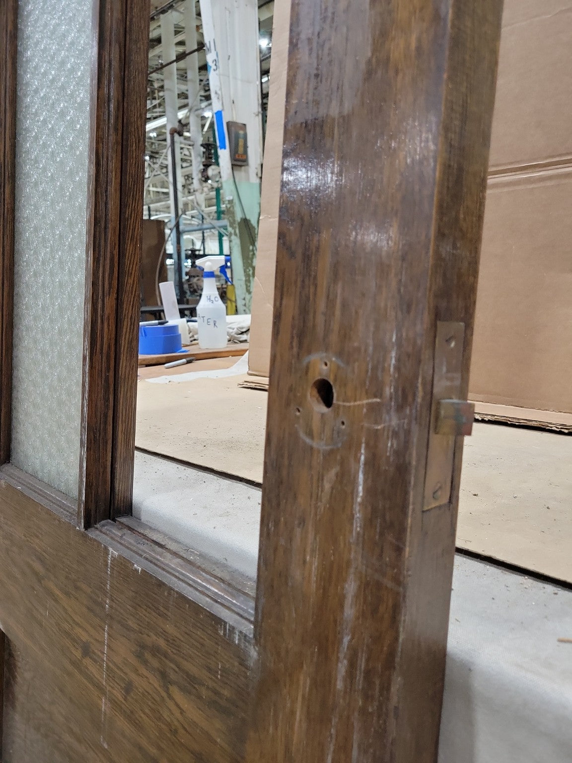 Matched Pair of Antique Oak Textured Glass Interior Doors