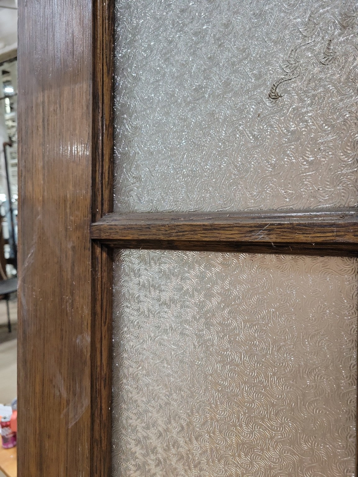 Matched Pair of Antique Oak Textured Glass Interior Doors