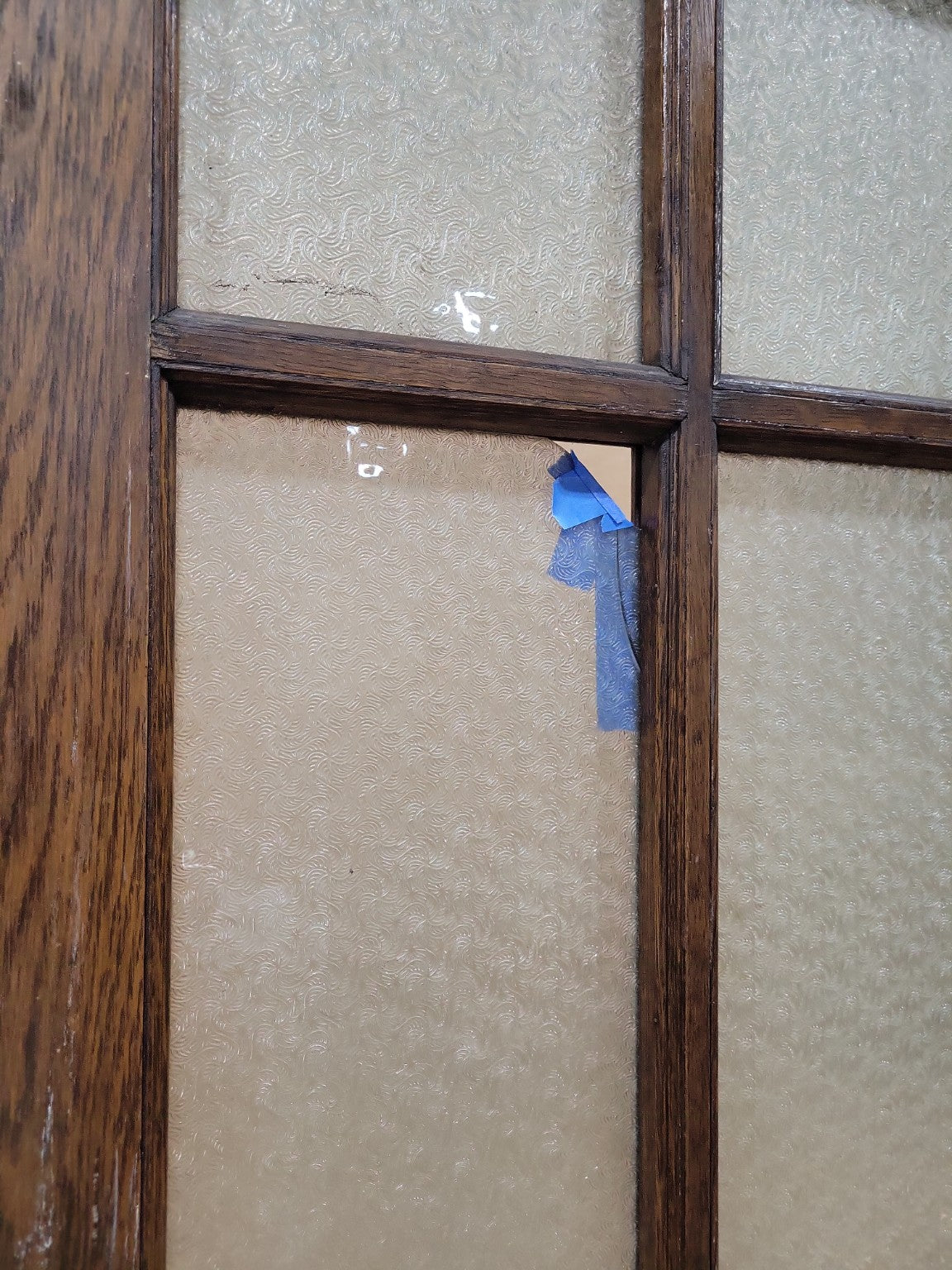 Matched Pair of Antique Oak Textured Glass Interior Doors