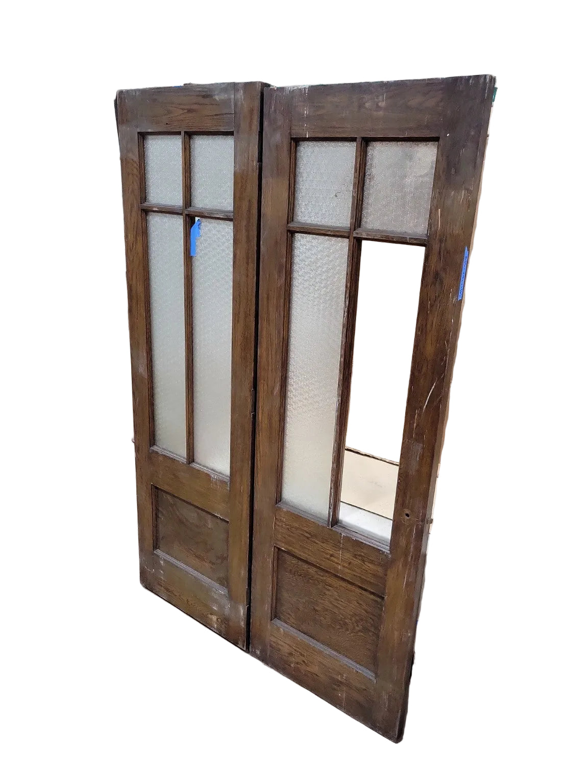 Matched Pair of Antique Oak Textured Glass Interior Doors