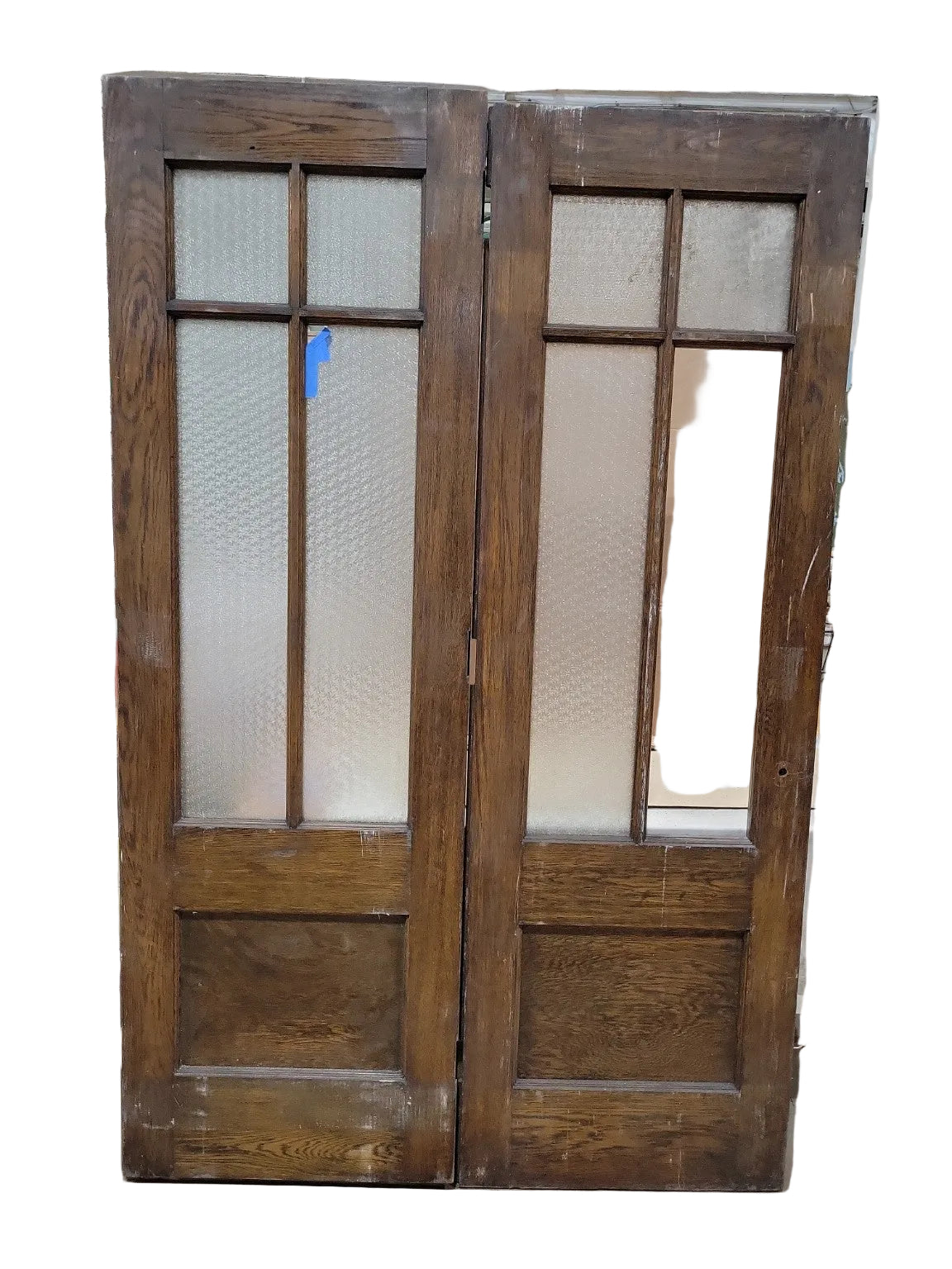 Matched Pair of Antique Oak Textured Glass Interior Doors