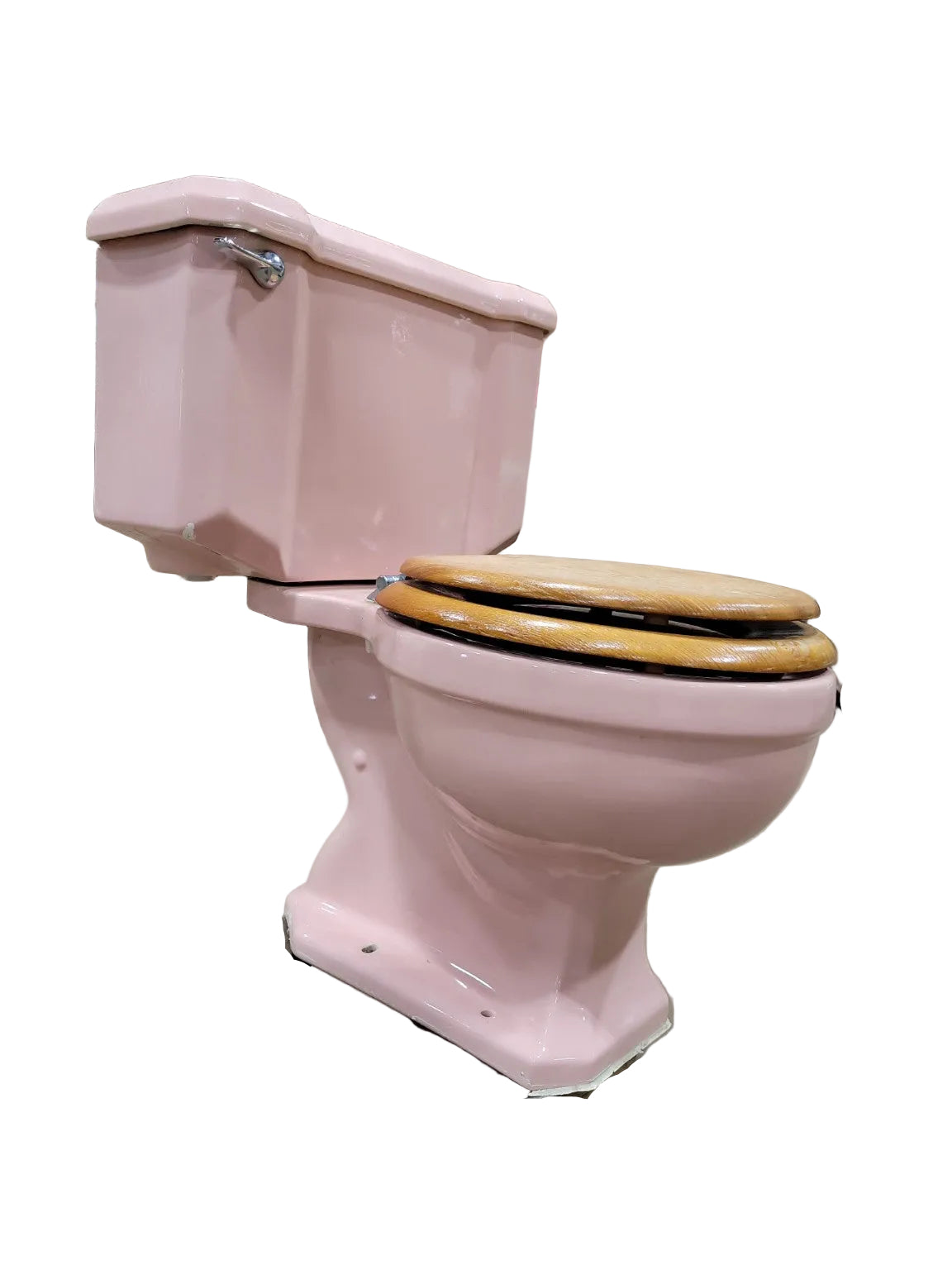 1950s Pink Ceramic Toilet with Wood Seat – Mid Century Bathroom Fixture
