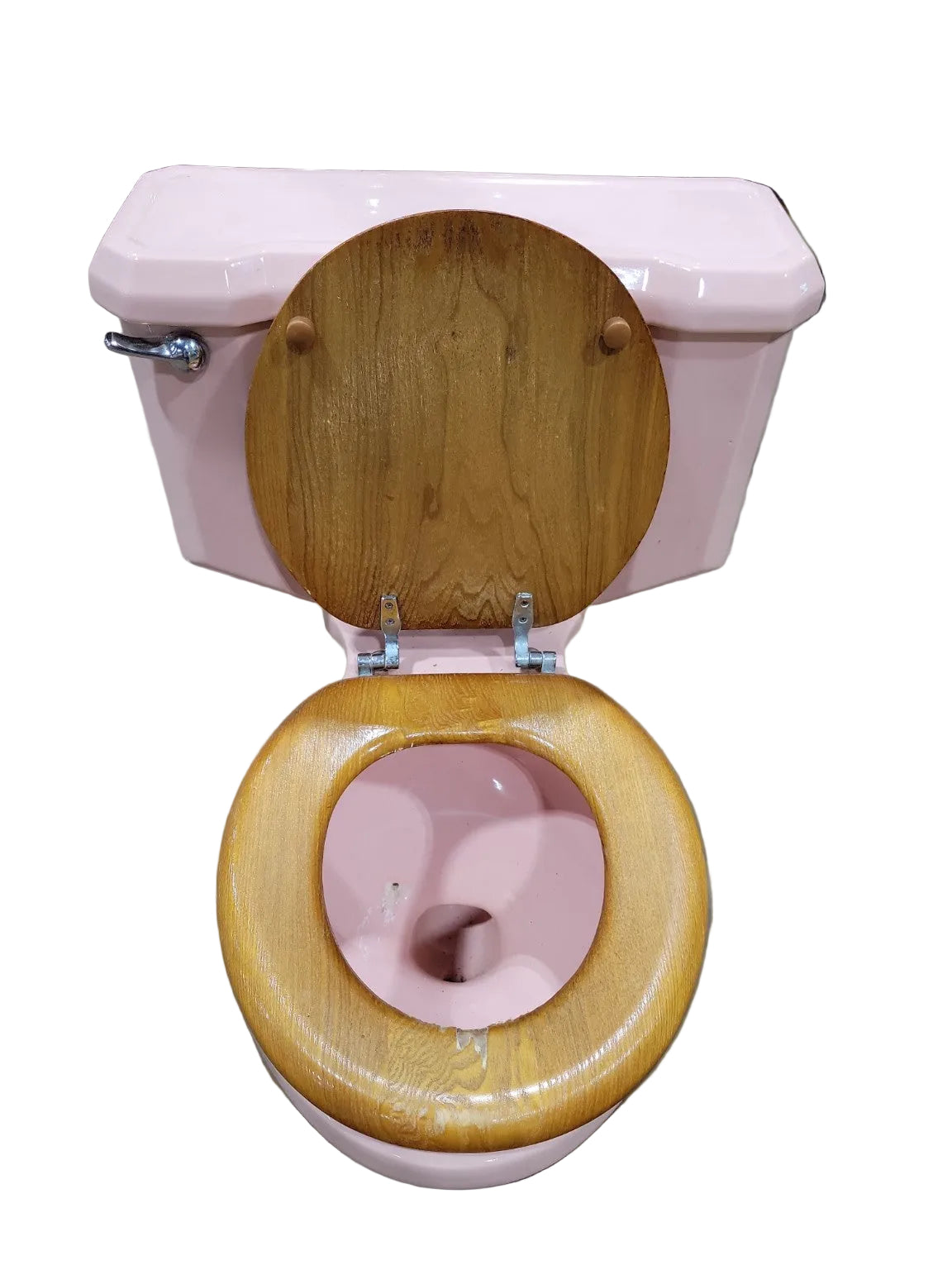 1950s Pink Ceramic Toilet with Wood Seat – Mid Century Bathroom Fixture