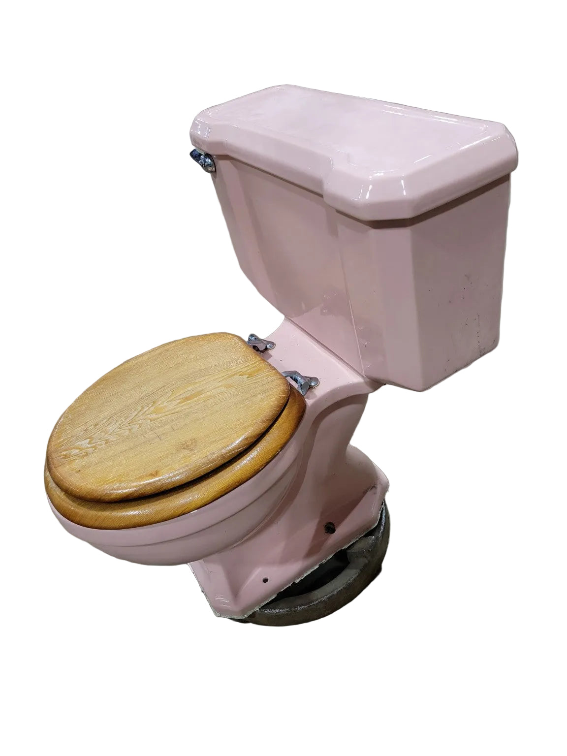 1950s Pink Ceramic Toilet with Wood Seat – Mid Century Bathroom Fixture