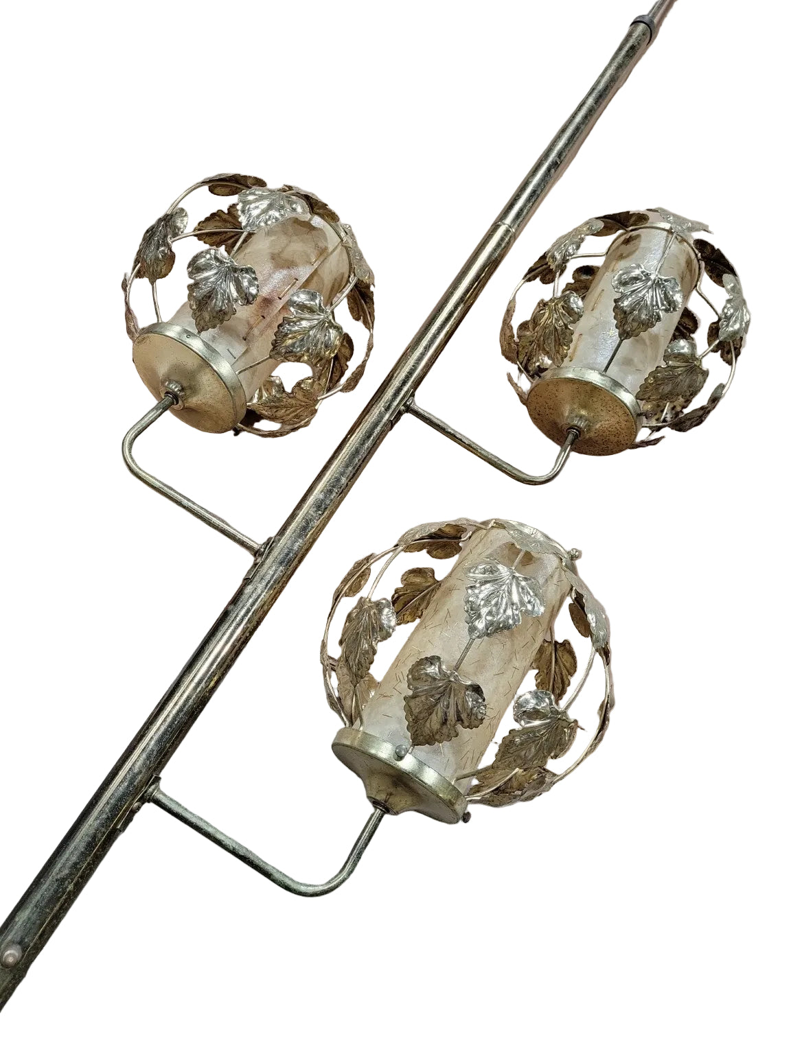 Vintage Hollywood Regency 3-Light Tension Pole Lamp with Leaf Shades