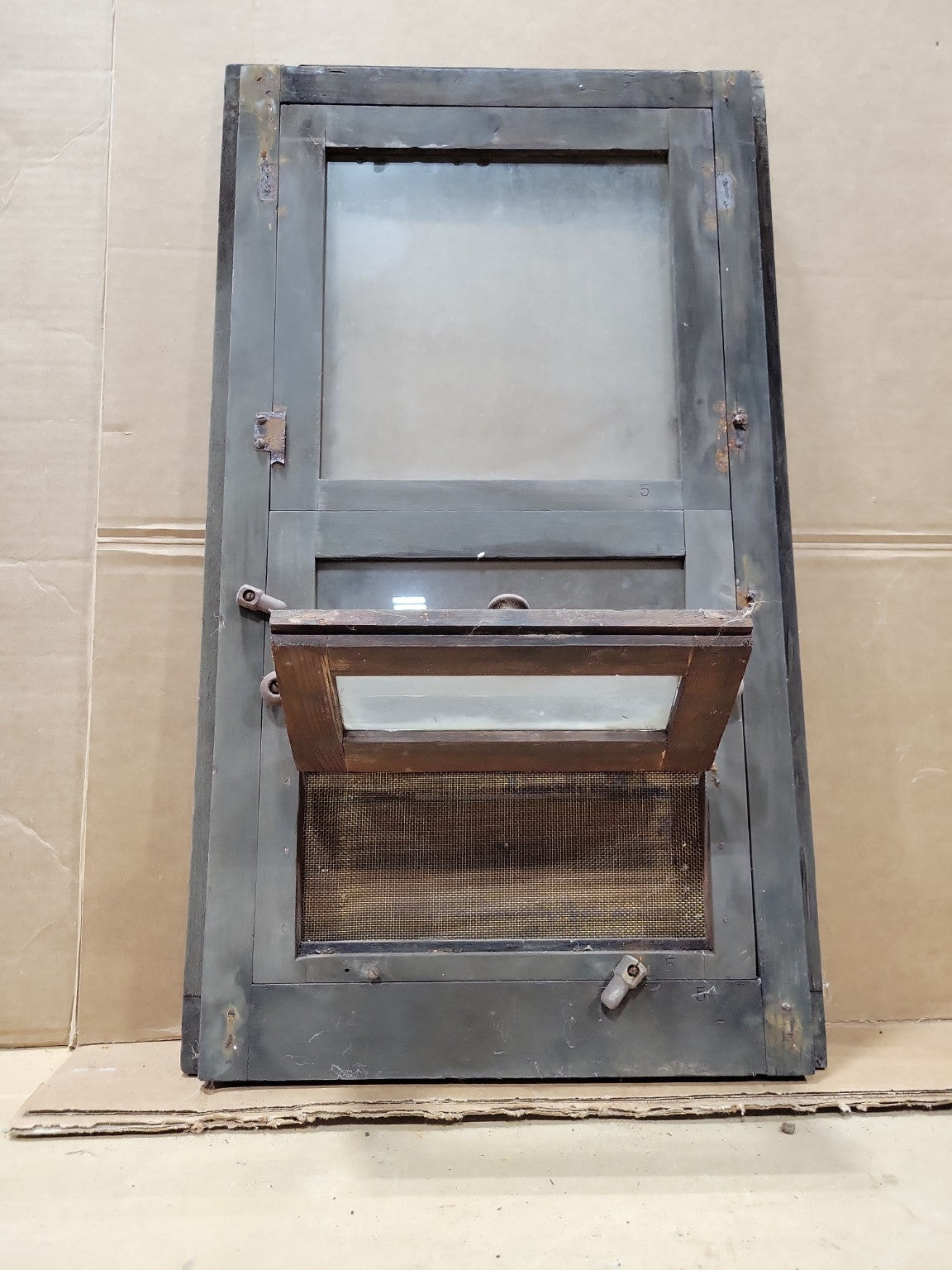 Antique Industrial Hopper Utility Window with Screen Panel