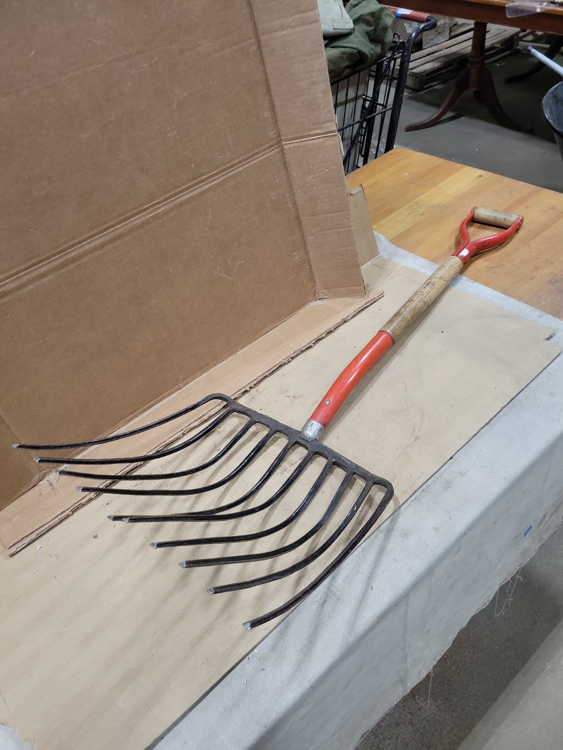 Vintage Red-Handled Hay Pitch Fork with D-Grip
