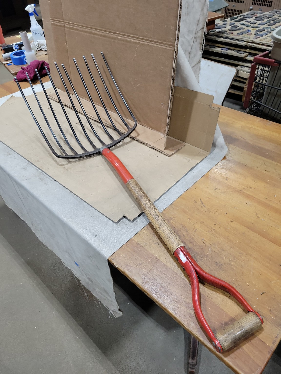 Vintage Red-Handled Hay Pitch Fork with D-Grip