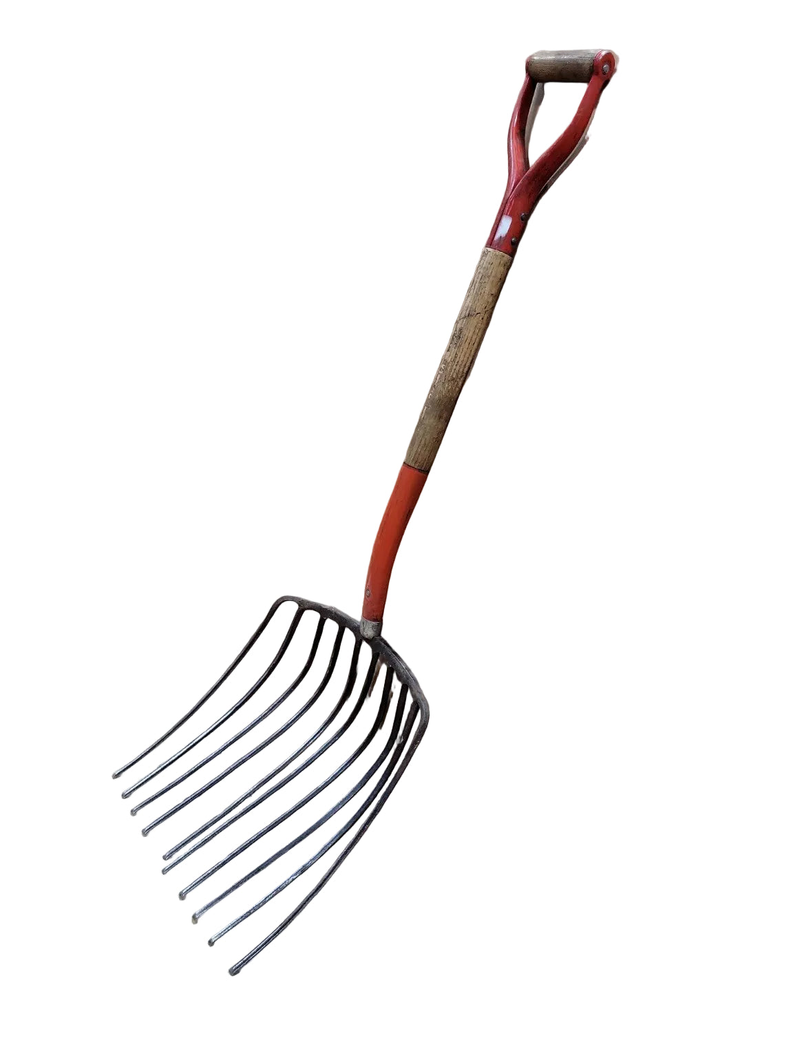 Vintage Red-Handled Hay Pitch Fork with D-Grip