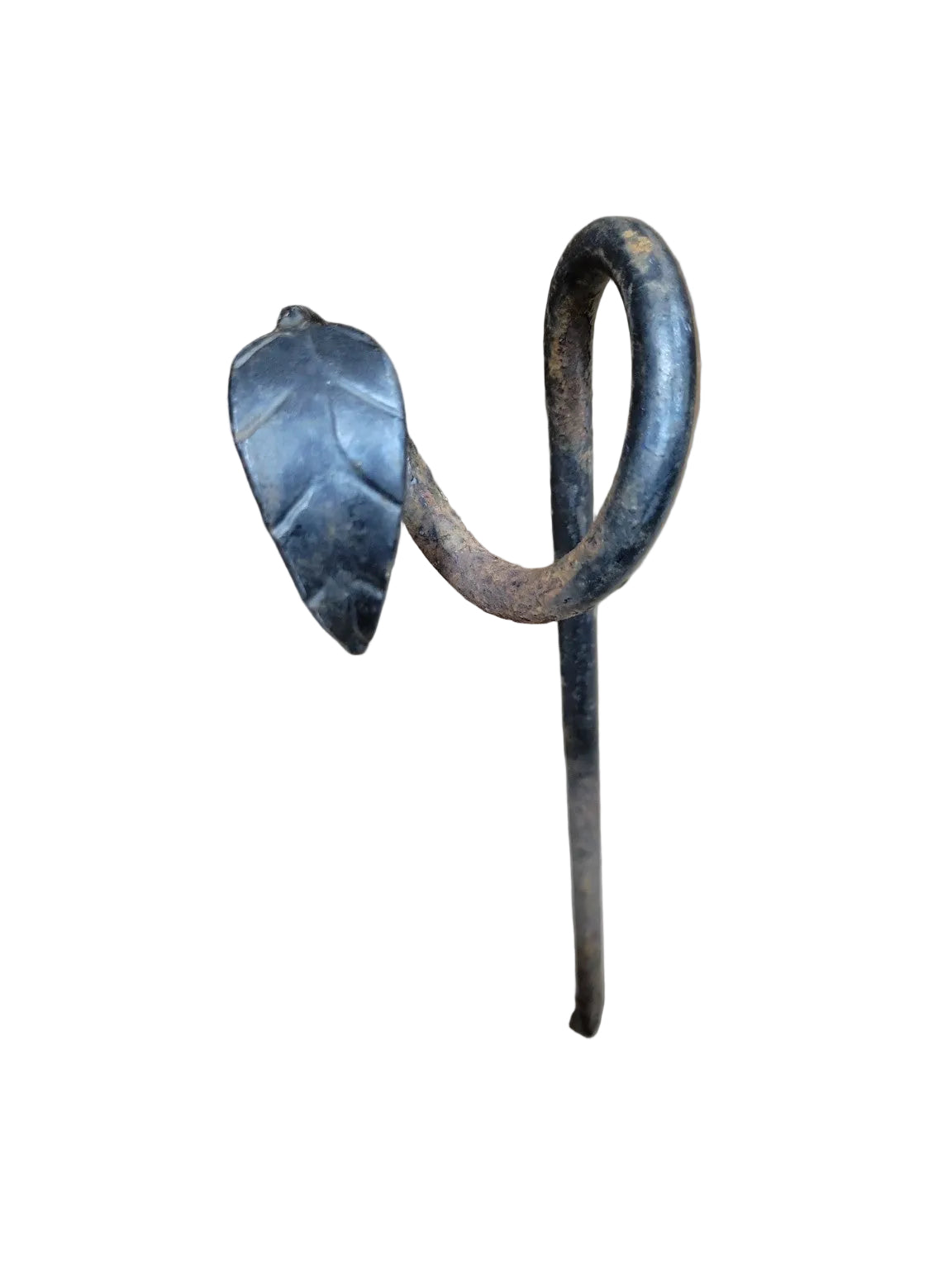 Hand-Forged Iron Garden Stake with Decorative Leaf Scroll