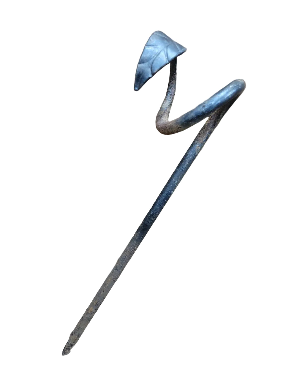 Hand-Forged Iron Garden Stake with Decorative Leaf Scroll