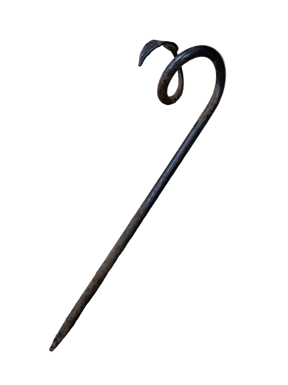 Hand-Forged Iron Garden Stake with Decorative Leaf Scroll