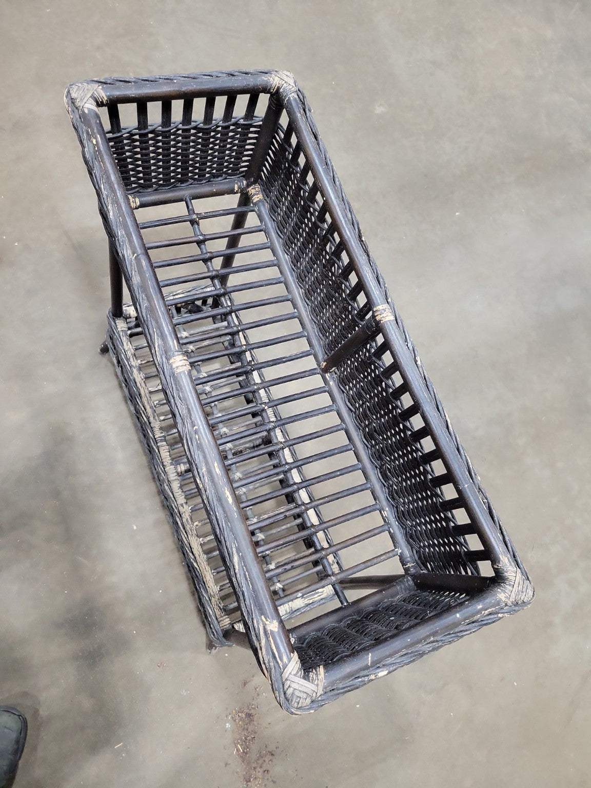 Vintage Black Wicker Magazine Rack with Lower Shelf