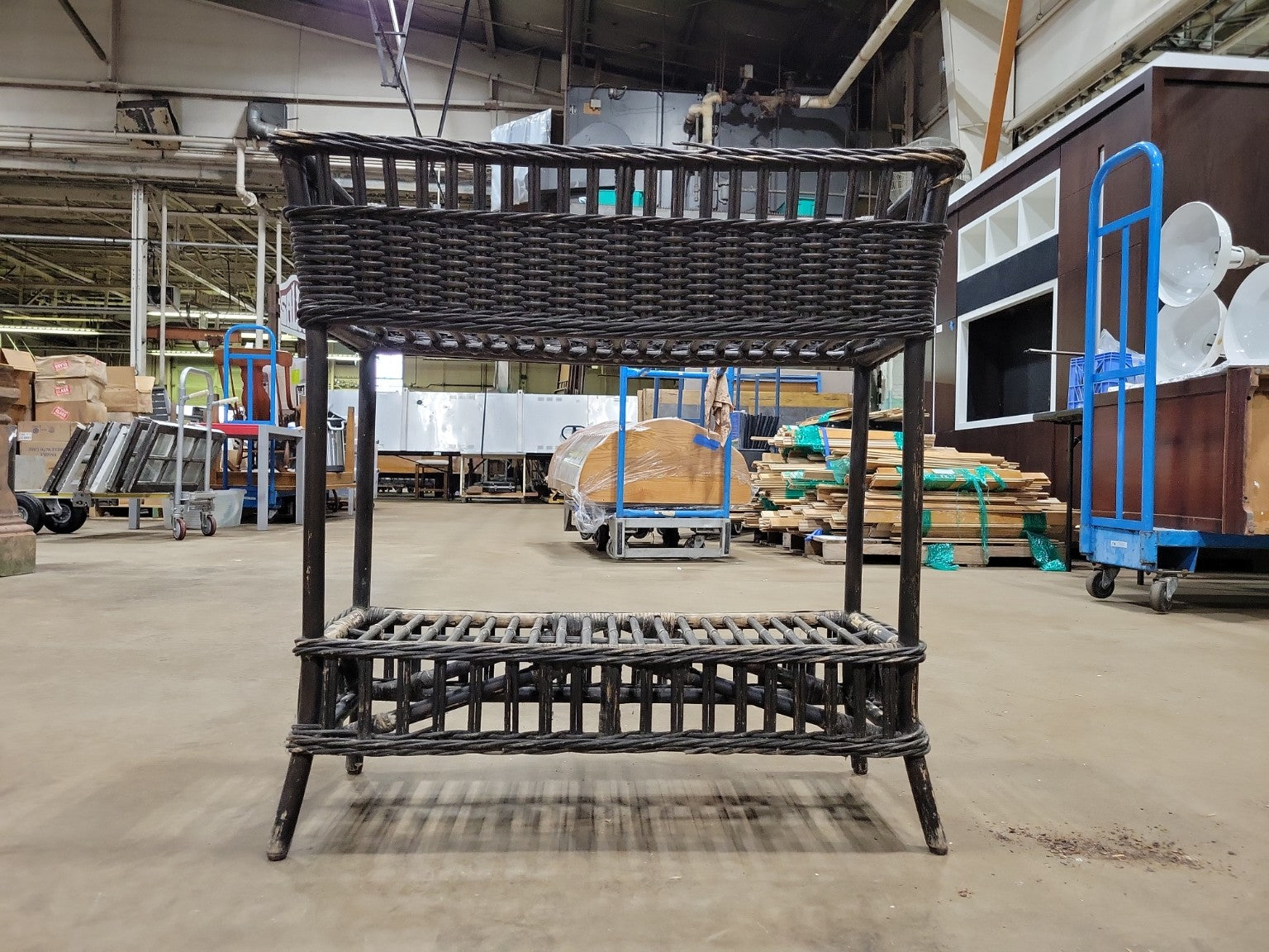 Vintage Black Wicker Magazine Rack with Lower Shelf