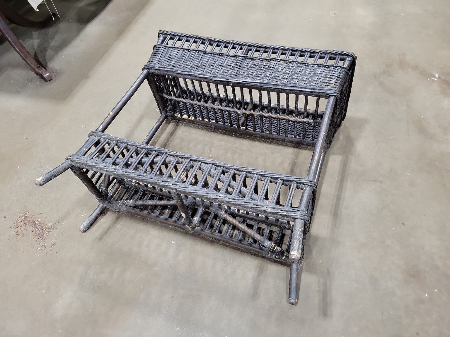 Vintage Black Wicker Magazine Rack with Lower Shelf