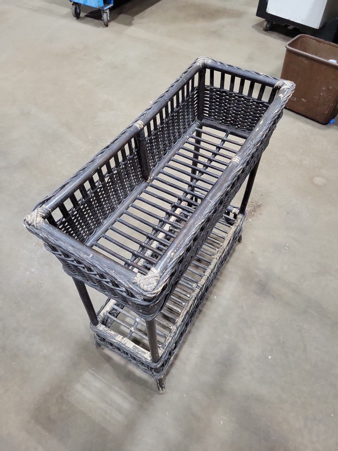 Vintage Black Wicker Magazine Rack with Lower Shelf
