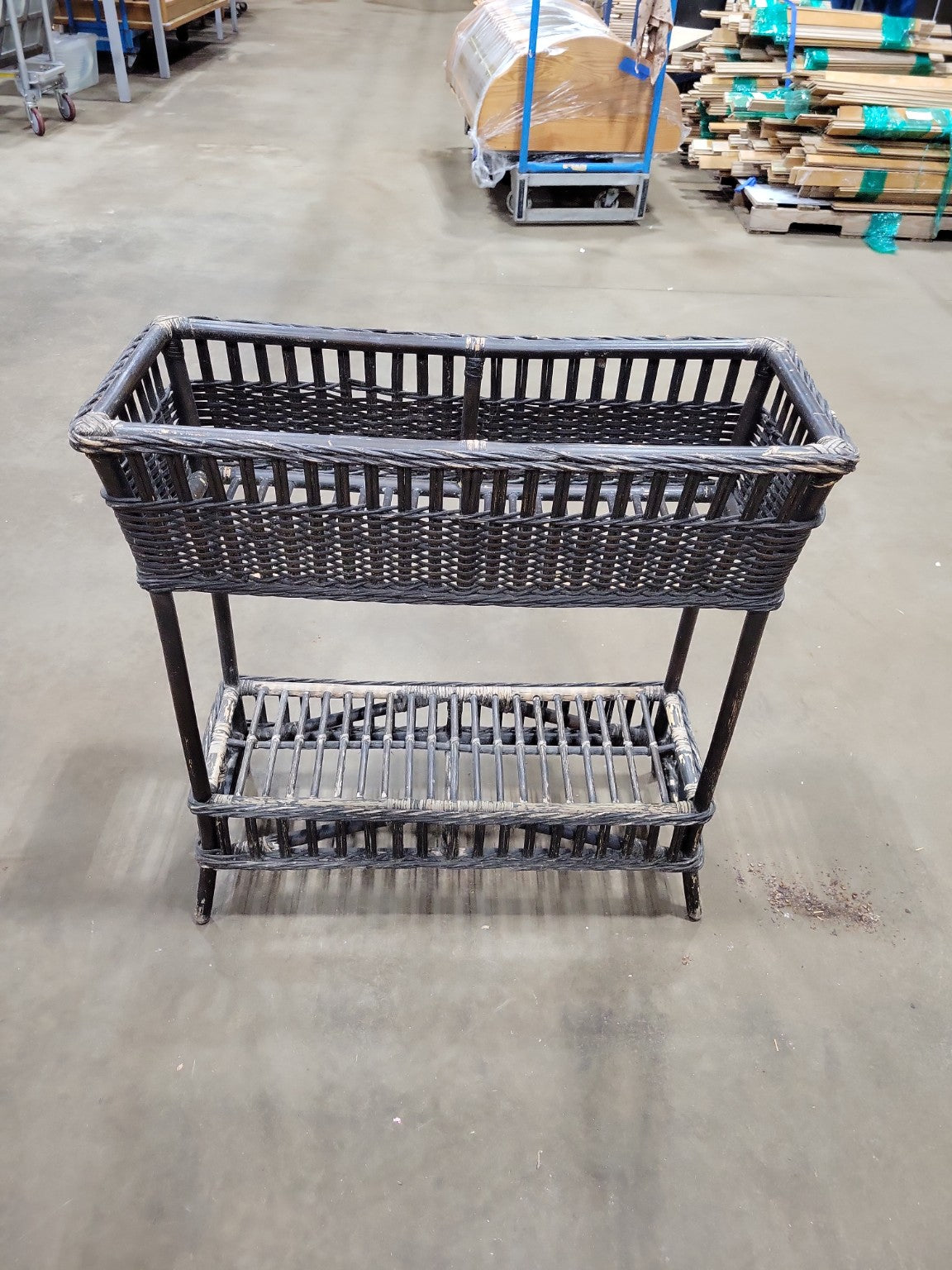Vintage Black Wicker Magazine Rack with Lower Shelf