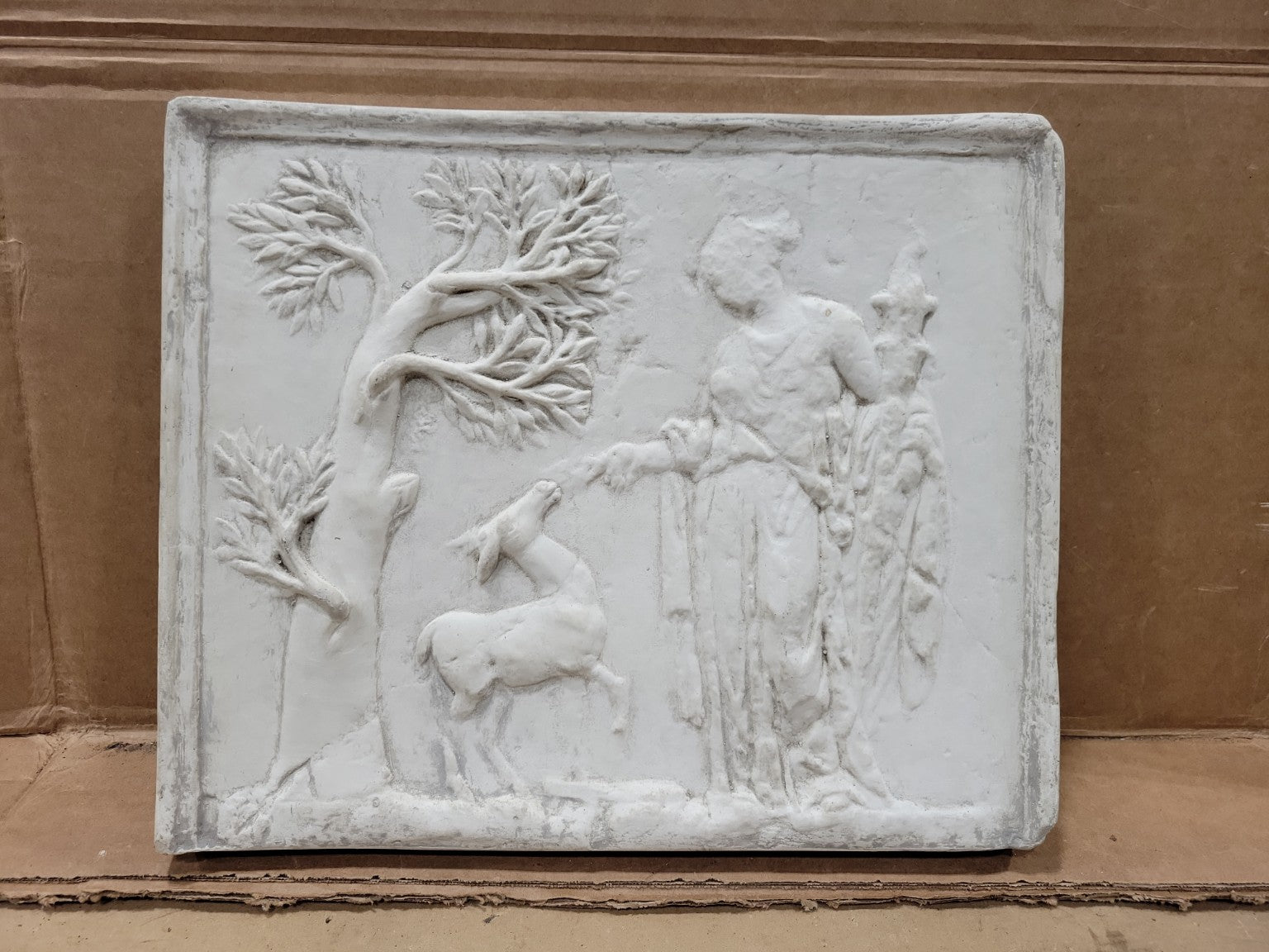 Neoclassical Goddess & Deer Relief Wall Plaque – Faux Stone Garden Panel
