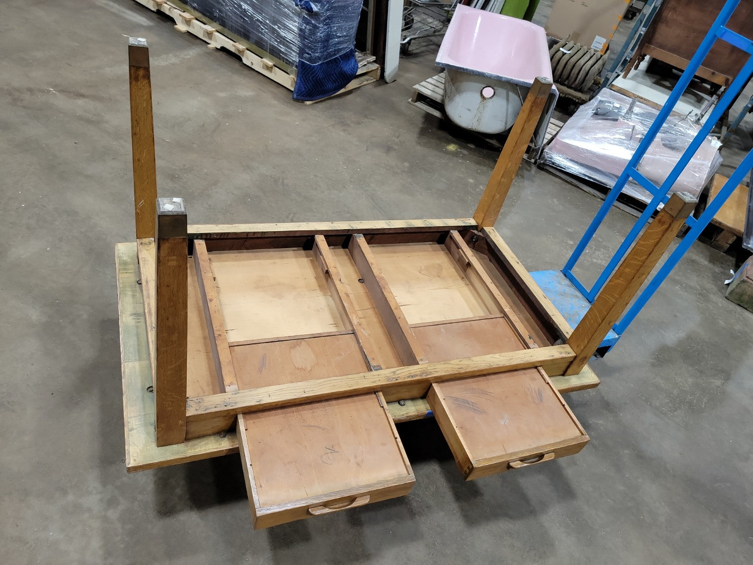 Antique Oak Hoosier Work Table with Dual Utility Drawers