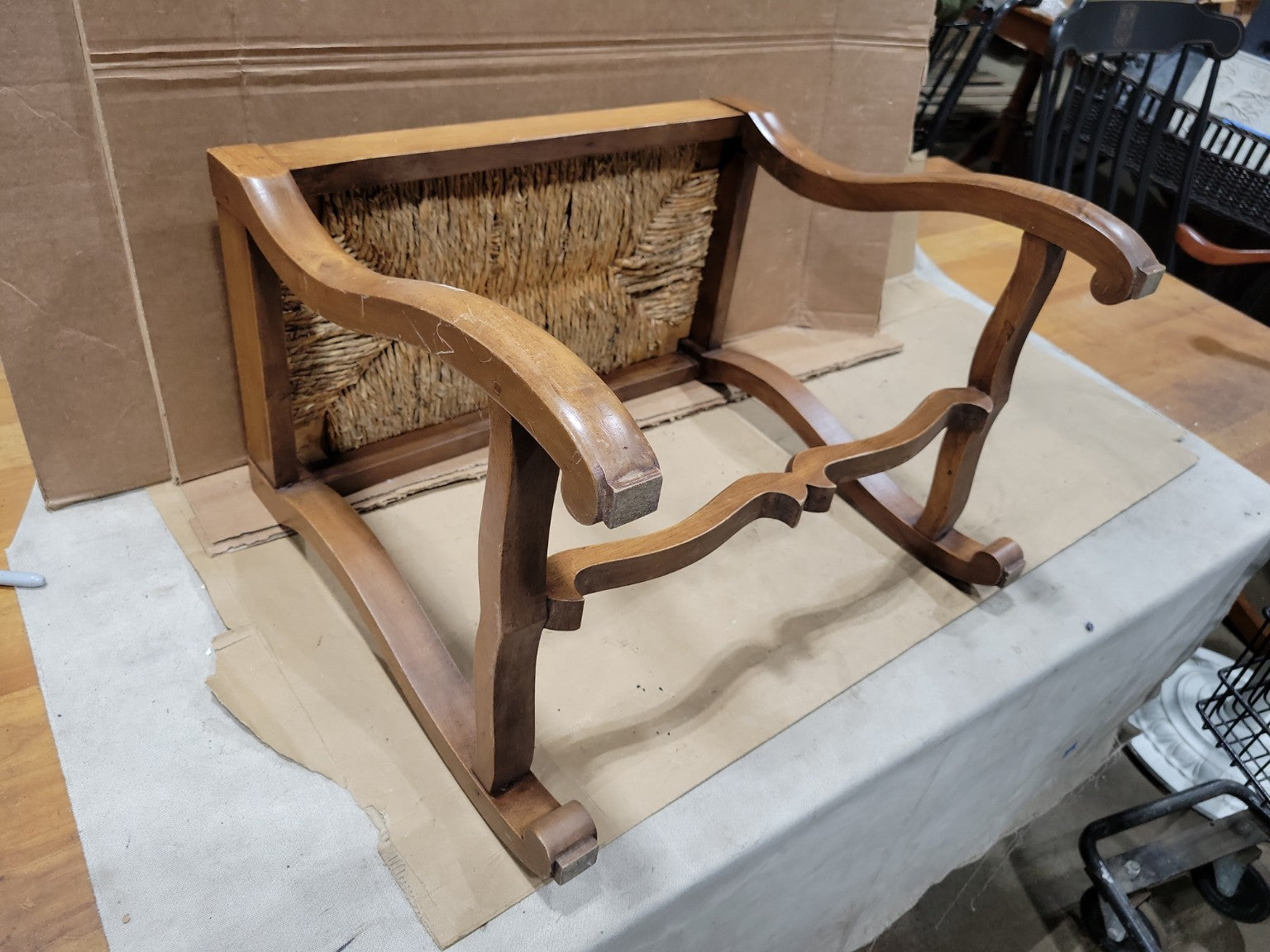 French Country Rush Seat Footstool Bench