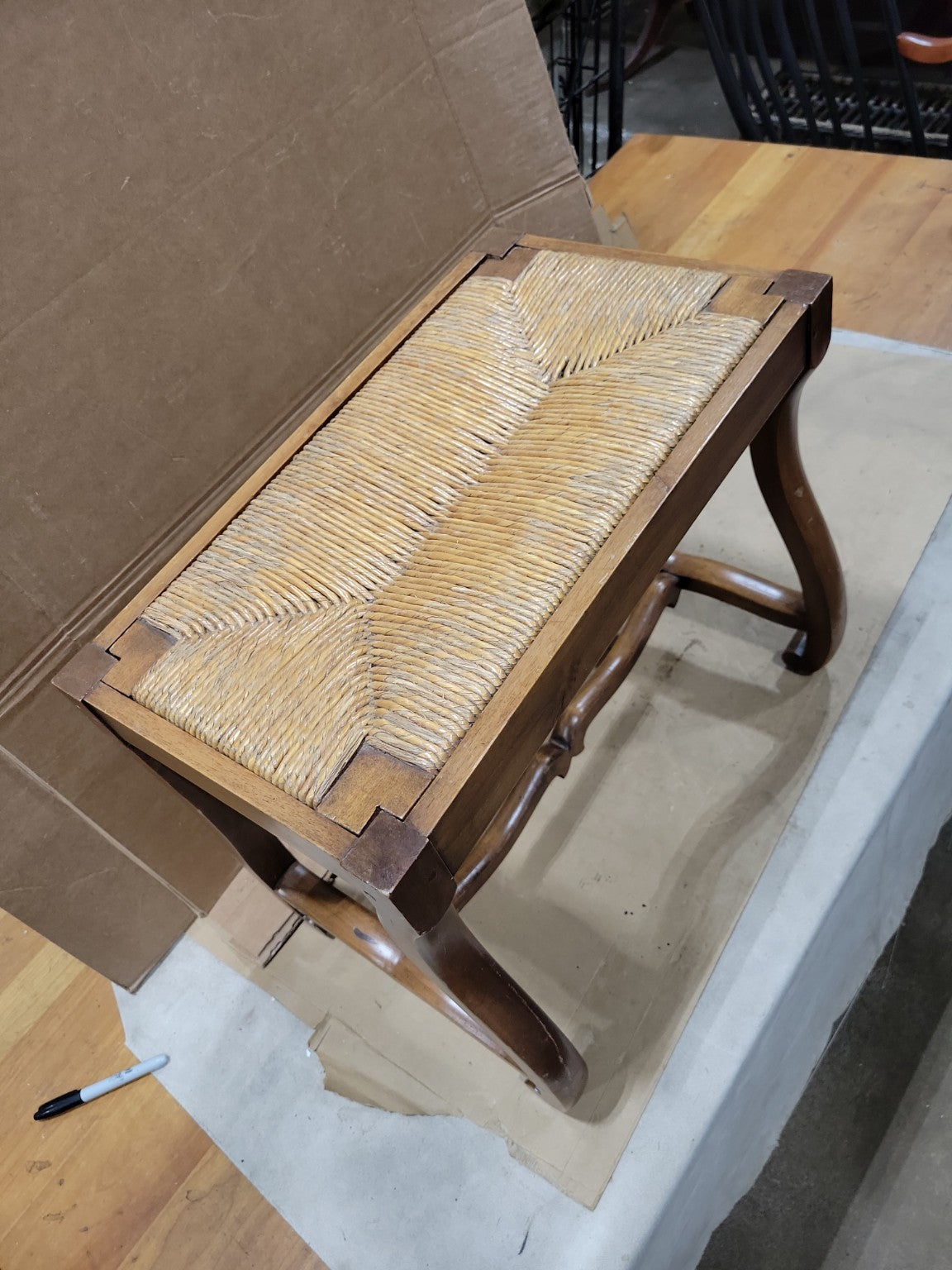 French Country Rush Seat Footstool Bench