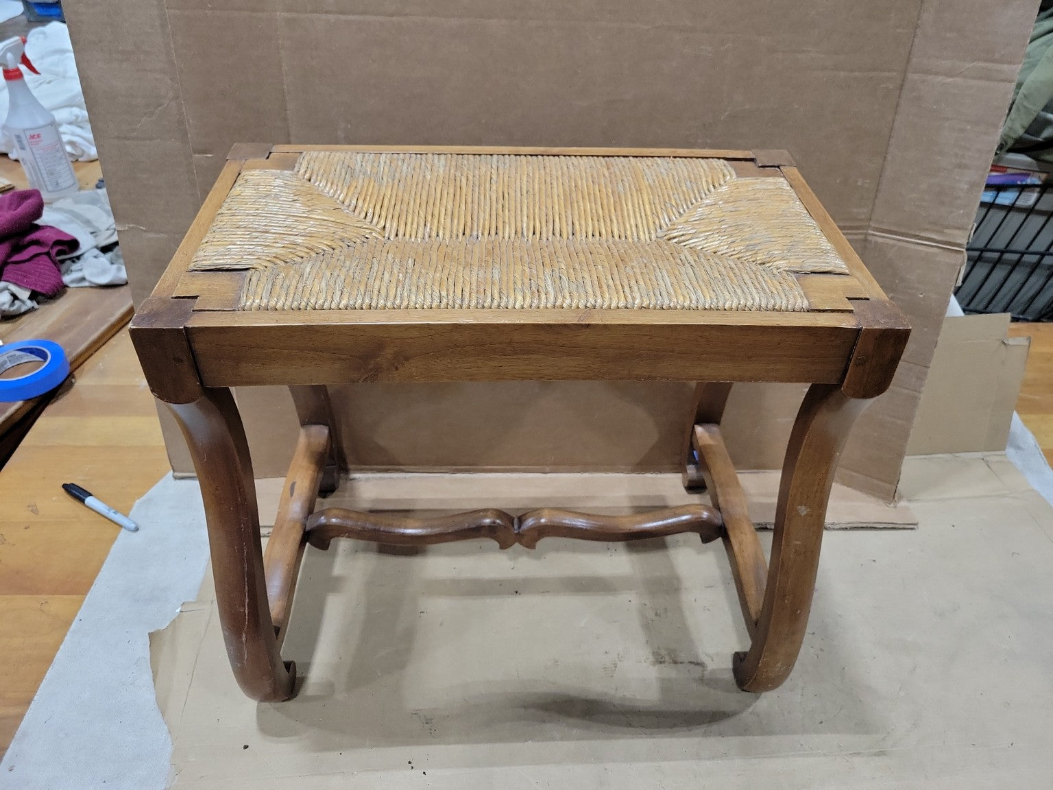 French Country Rush Seat Footstool Bench