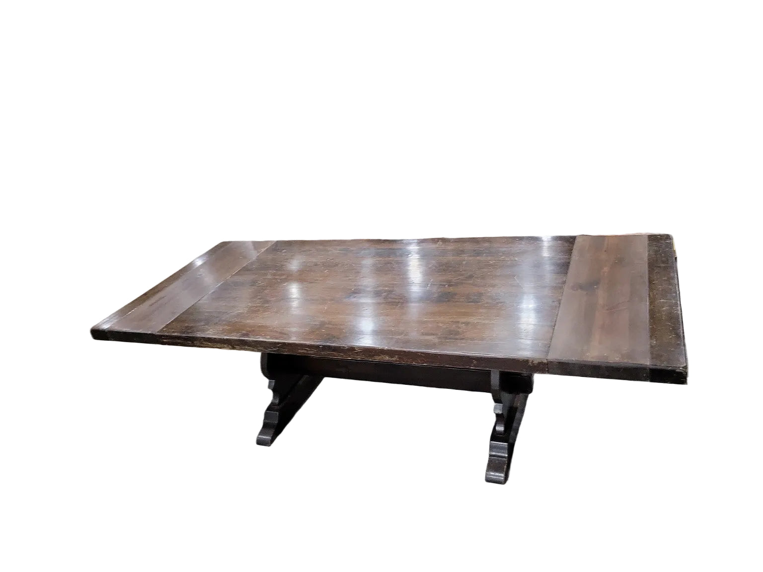 Vintage Dark-Stained Trestle Dining Table with Two Leaves