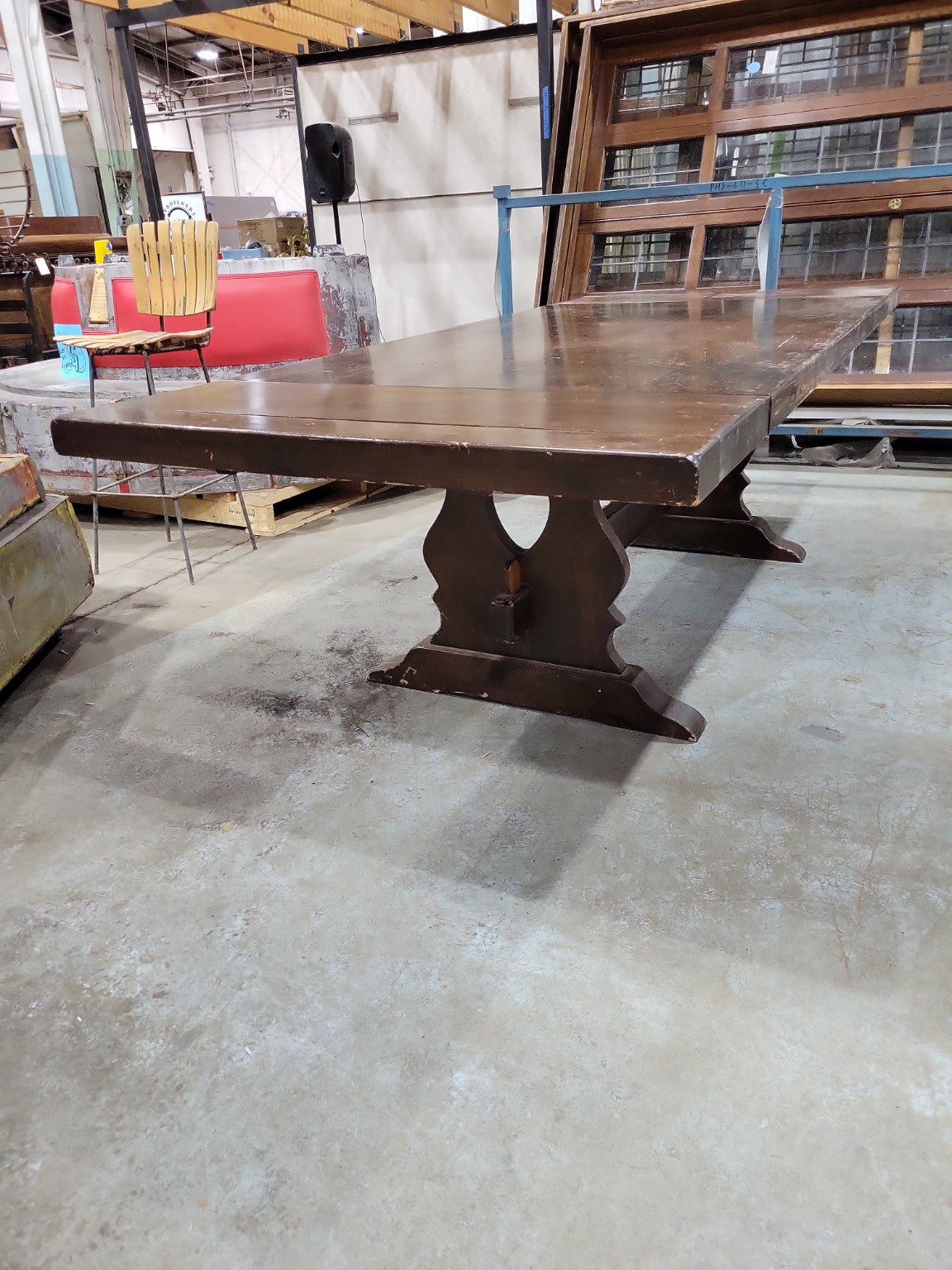 Vintage Dark-Stained Trestle Dining Table with Two Leaves