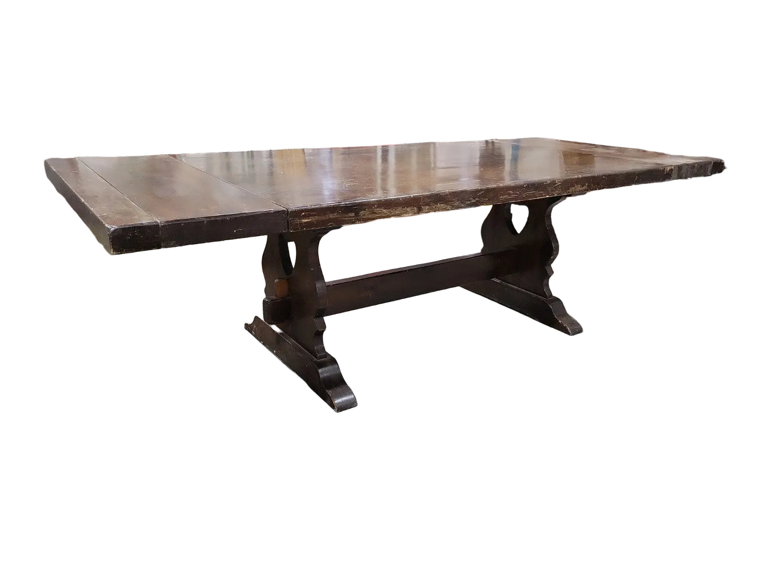 Vintage Dark-Stained Trestle Dining Table with Two Leaves