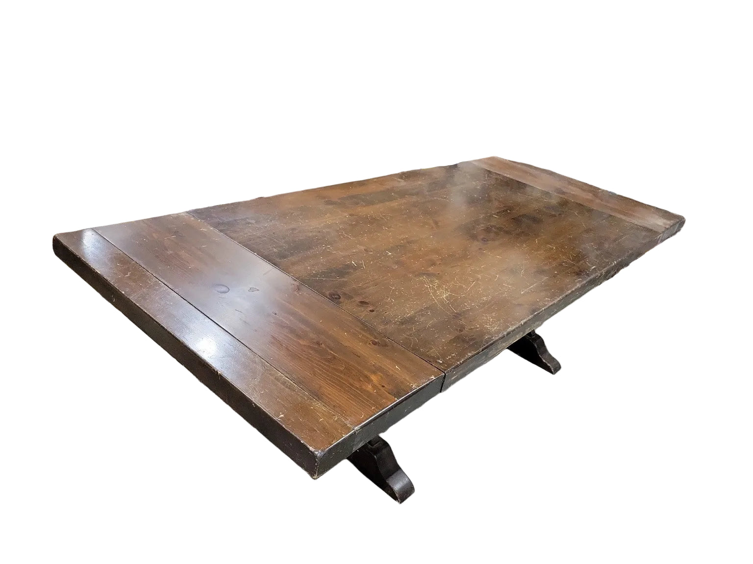 Vintage Dark-Stained Trestle Dining Table with Two Leaves