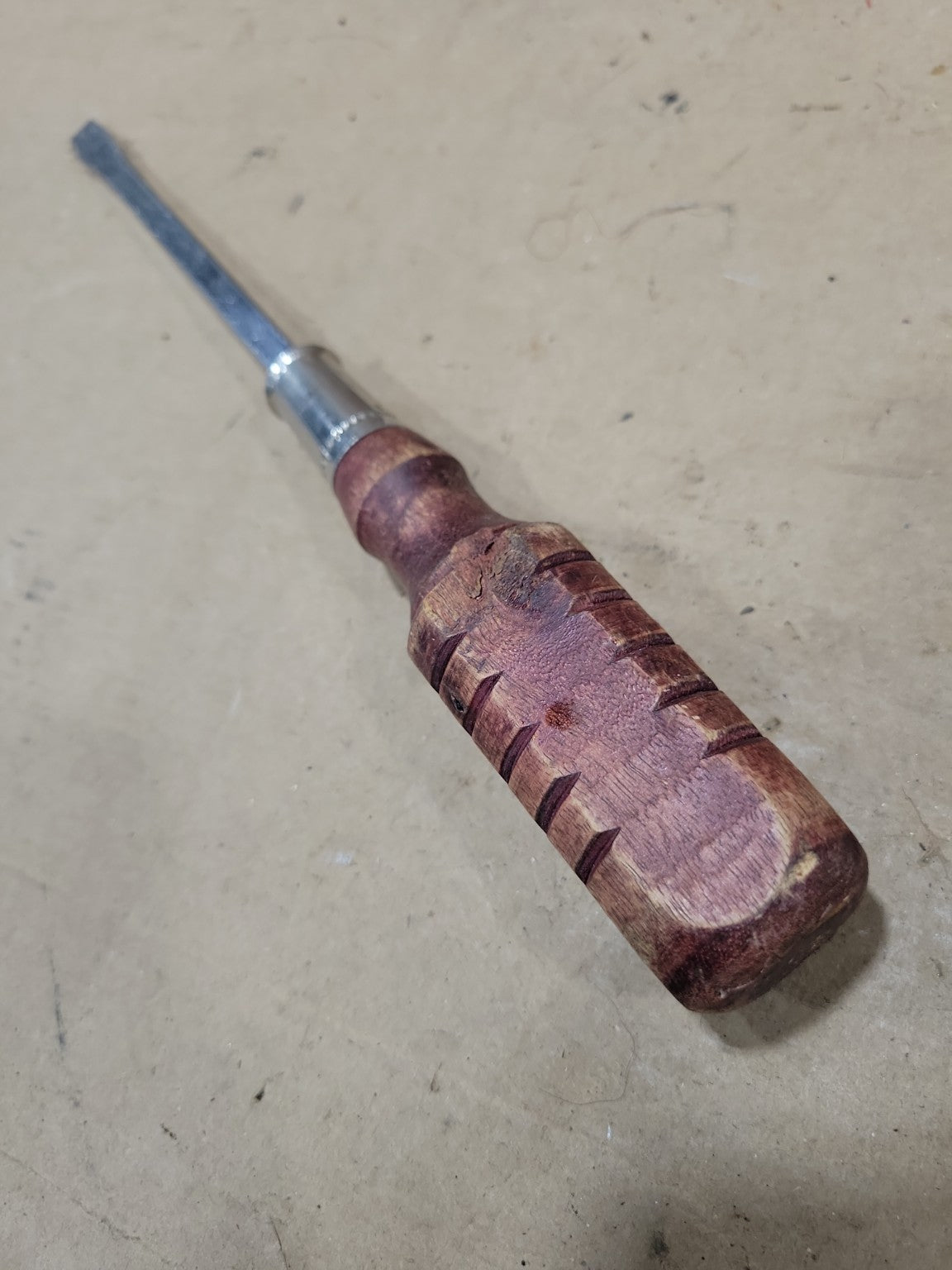 Vintage Flat Blade Screwdriver with Carved Wood Handle