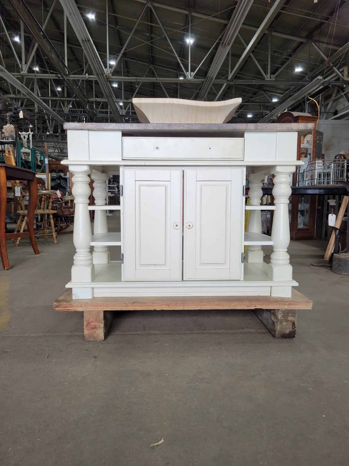 Traditional White Vanity with Marble Top & Vessel Sink