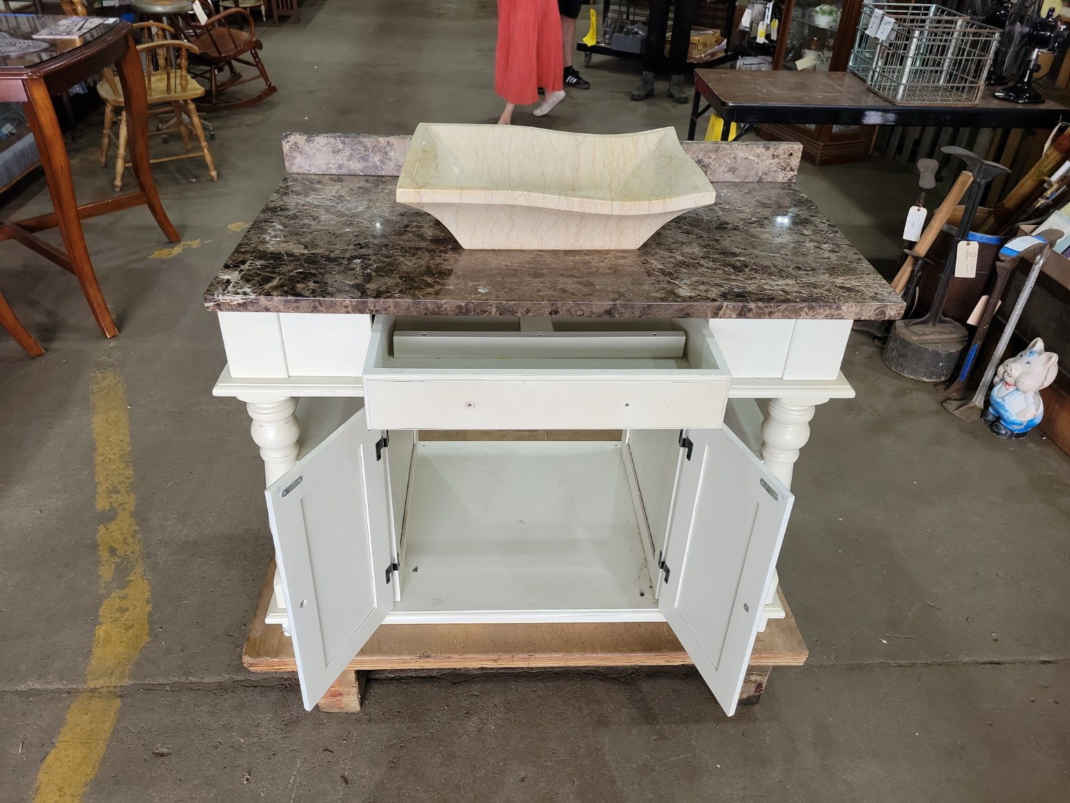Traditional White Vanity with Marble Top & Vessel Sink