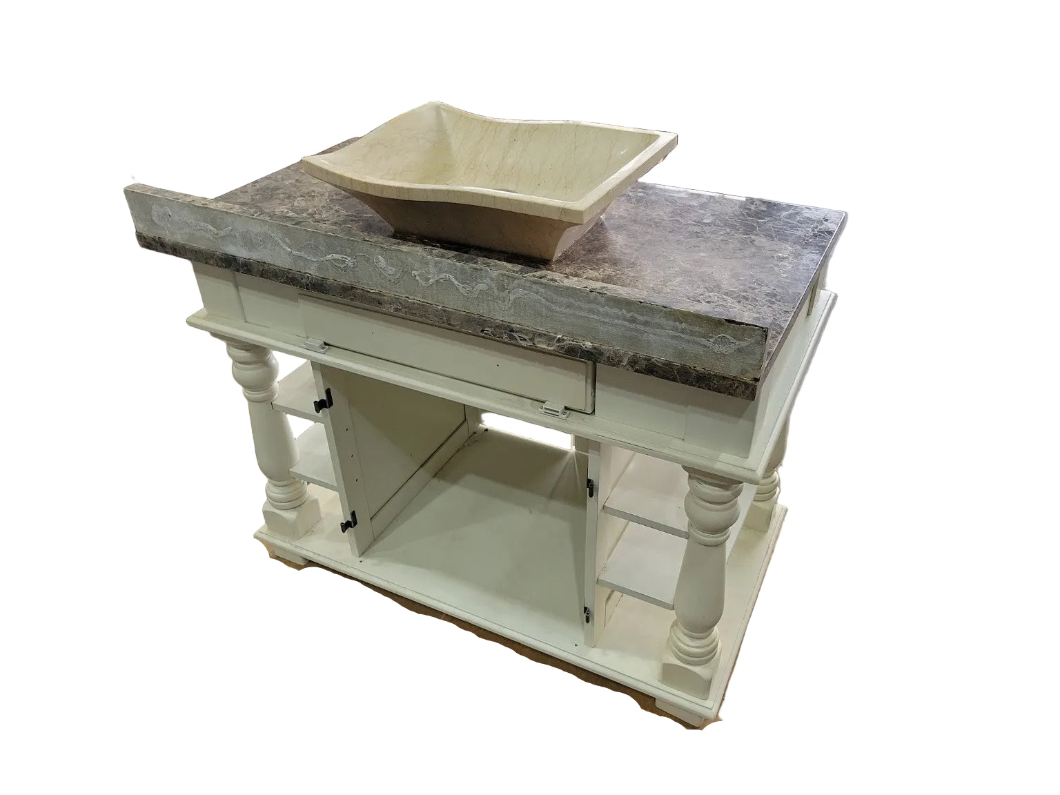 Traditional White Vanity with Marble Top & Vessel Sink