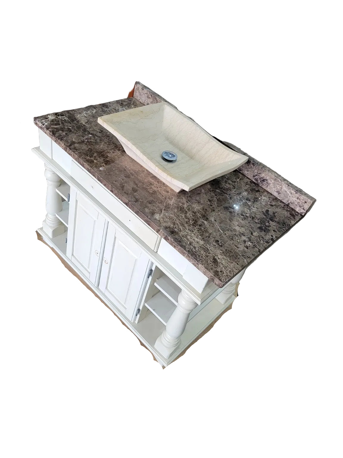 Traditional White Vanity with Marble Top & Vessel Sink