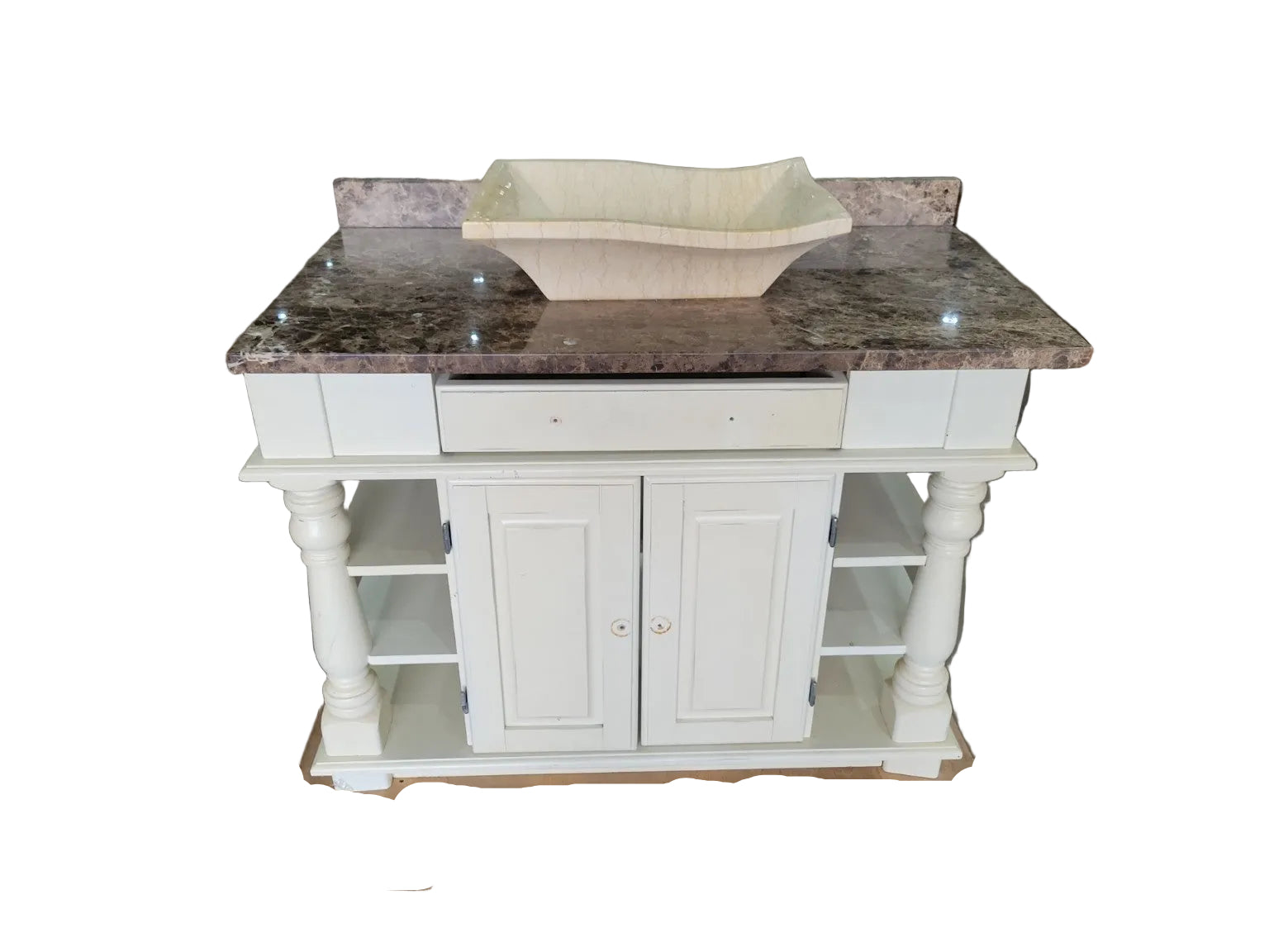 Traditional White Vanity with Marble Top & Vessel Sink