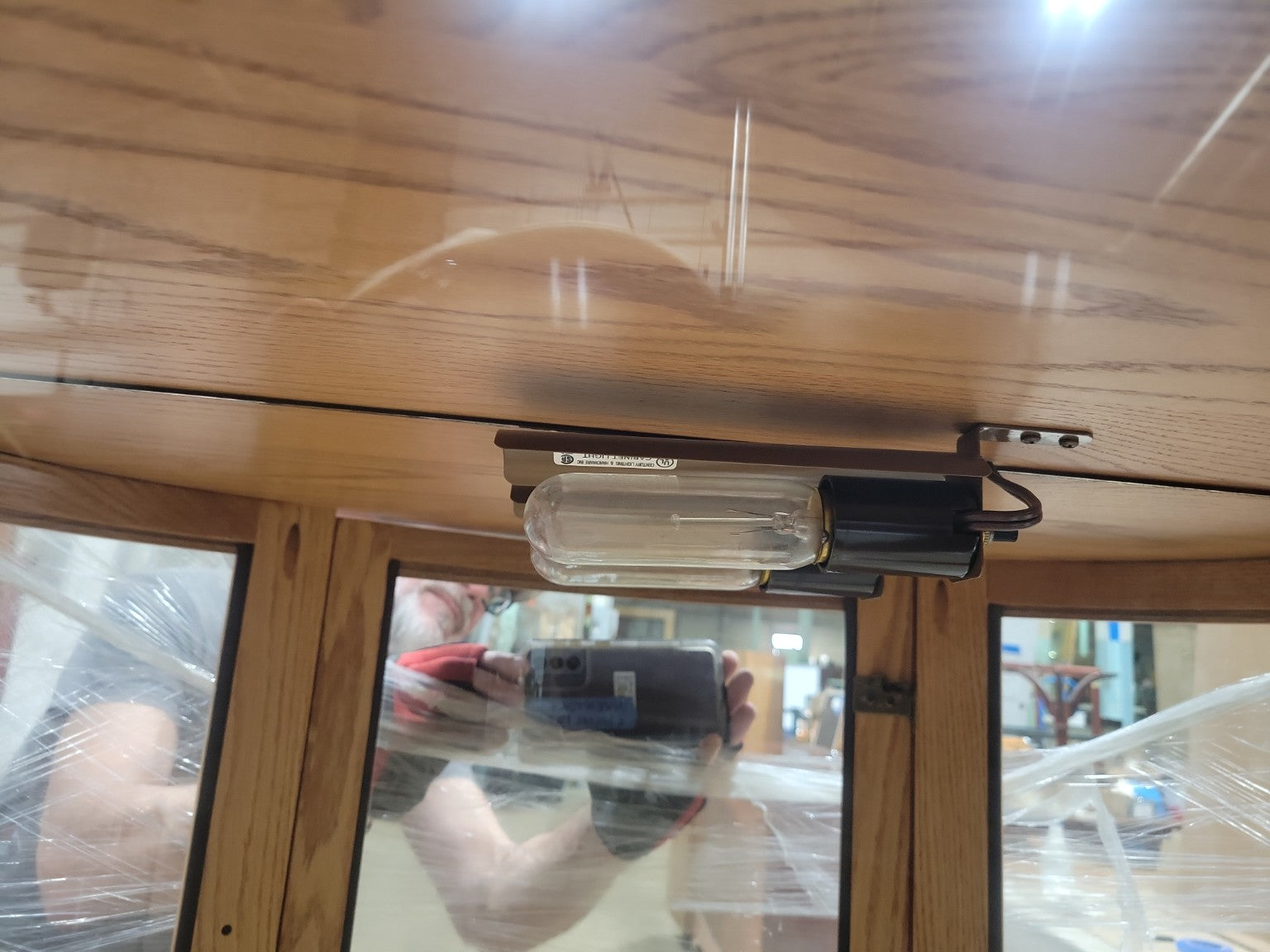 Vintage Oak Curved Glass Curio Display Cabinet with Mirror Back