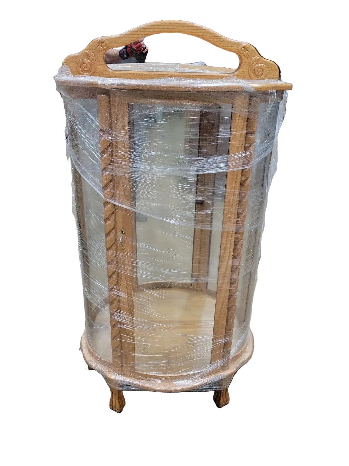 Vintage Oak Curved Glass Curio Display Cabinet with Mirror Back