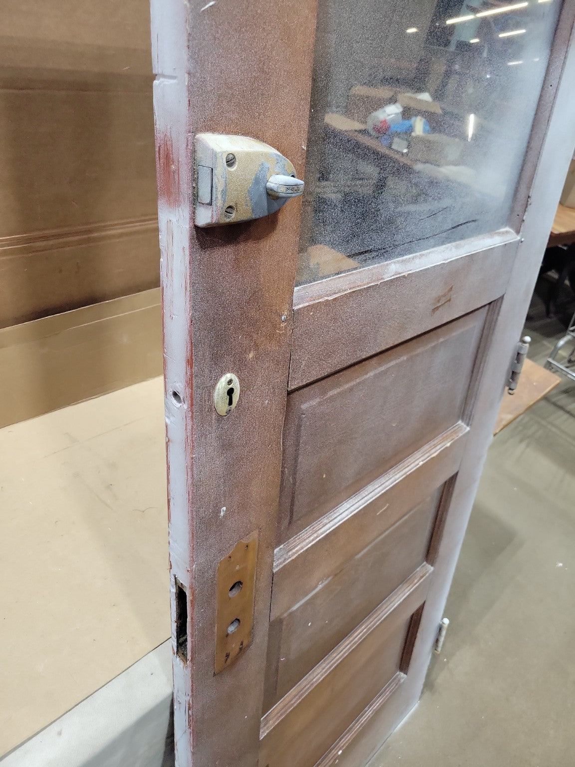 Antique 3-Panel Half Lite Wood Entry Door with Original Hardware