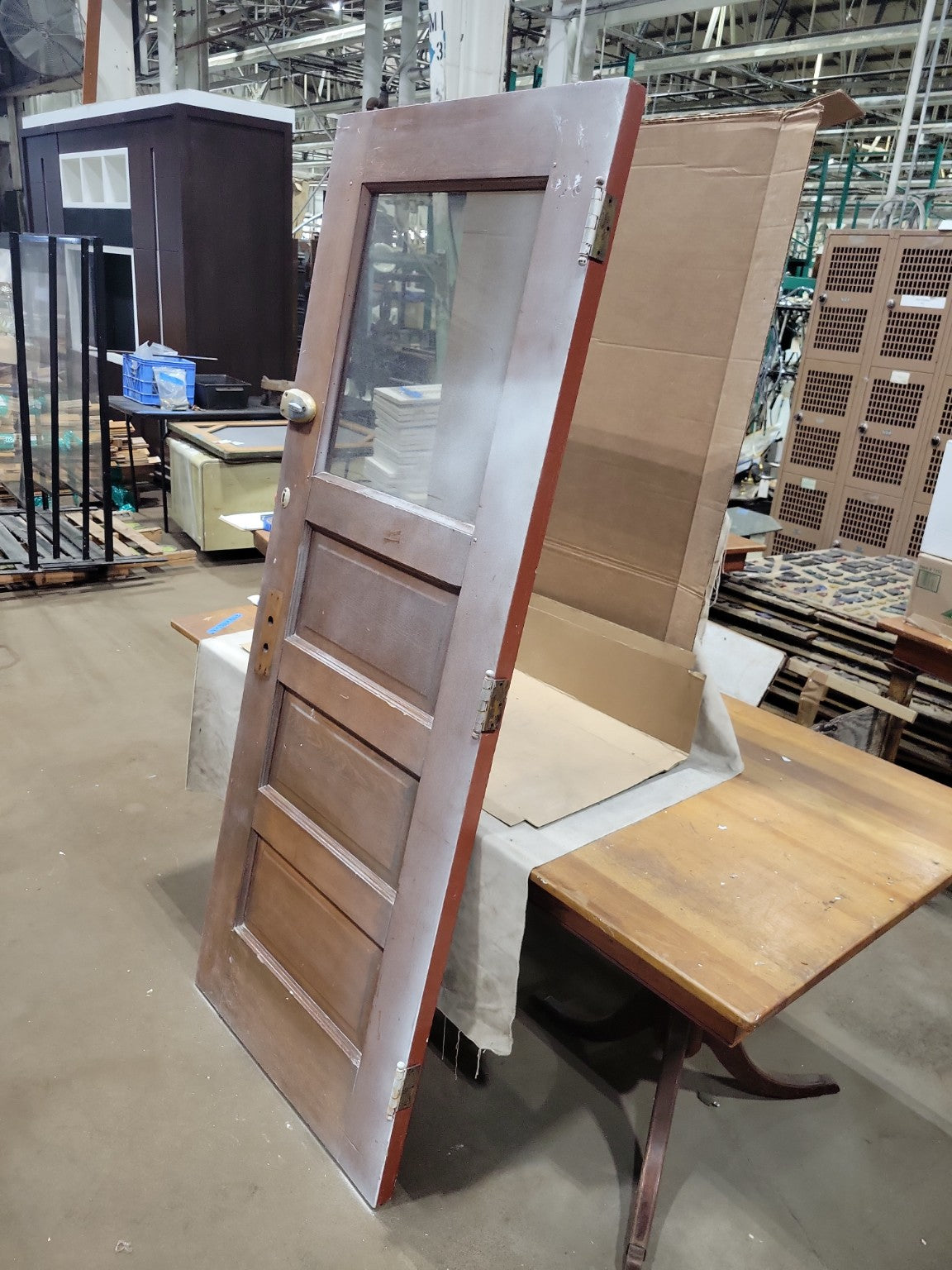 Antique 3-Panel Half Lite Wood Entry Door with Original Hardware