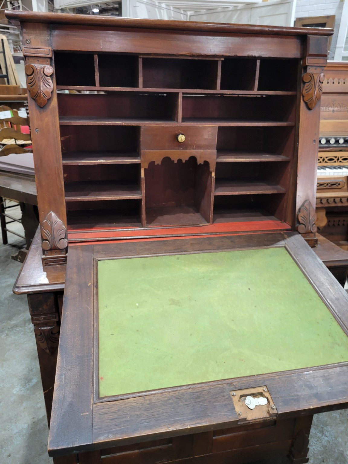 Antique Victorian Walnut Secretary Desk with Bookcase